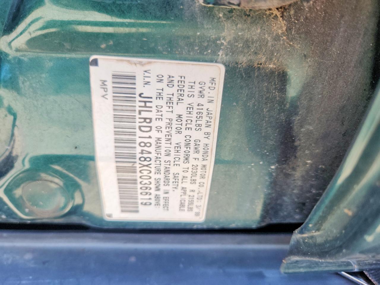 1999 Honda Cr-v Lx Green vin: JHLRD1848XC036619
