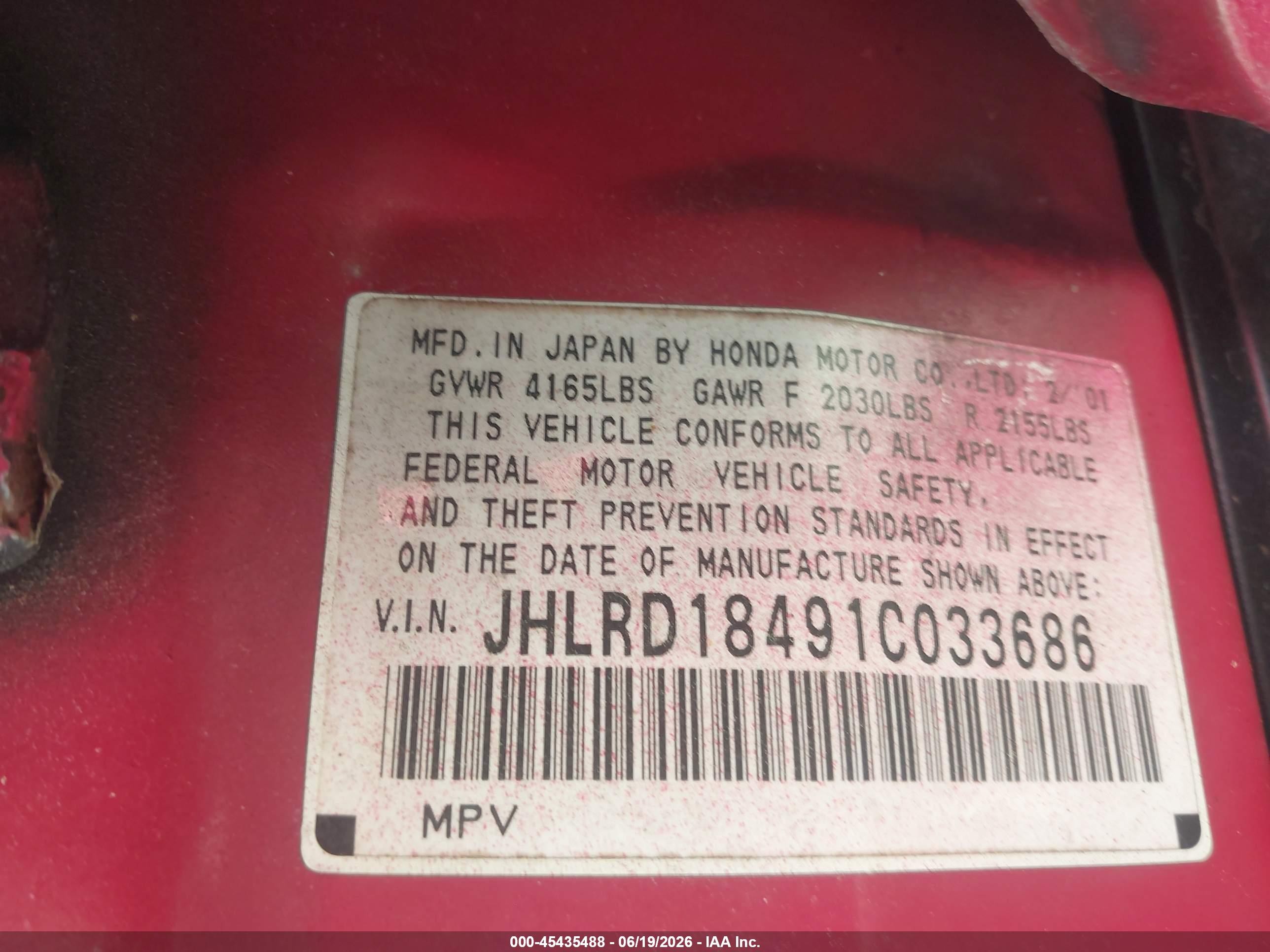2001 Honda Cr-v Lx Красный vin: JHLRD18491C033686