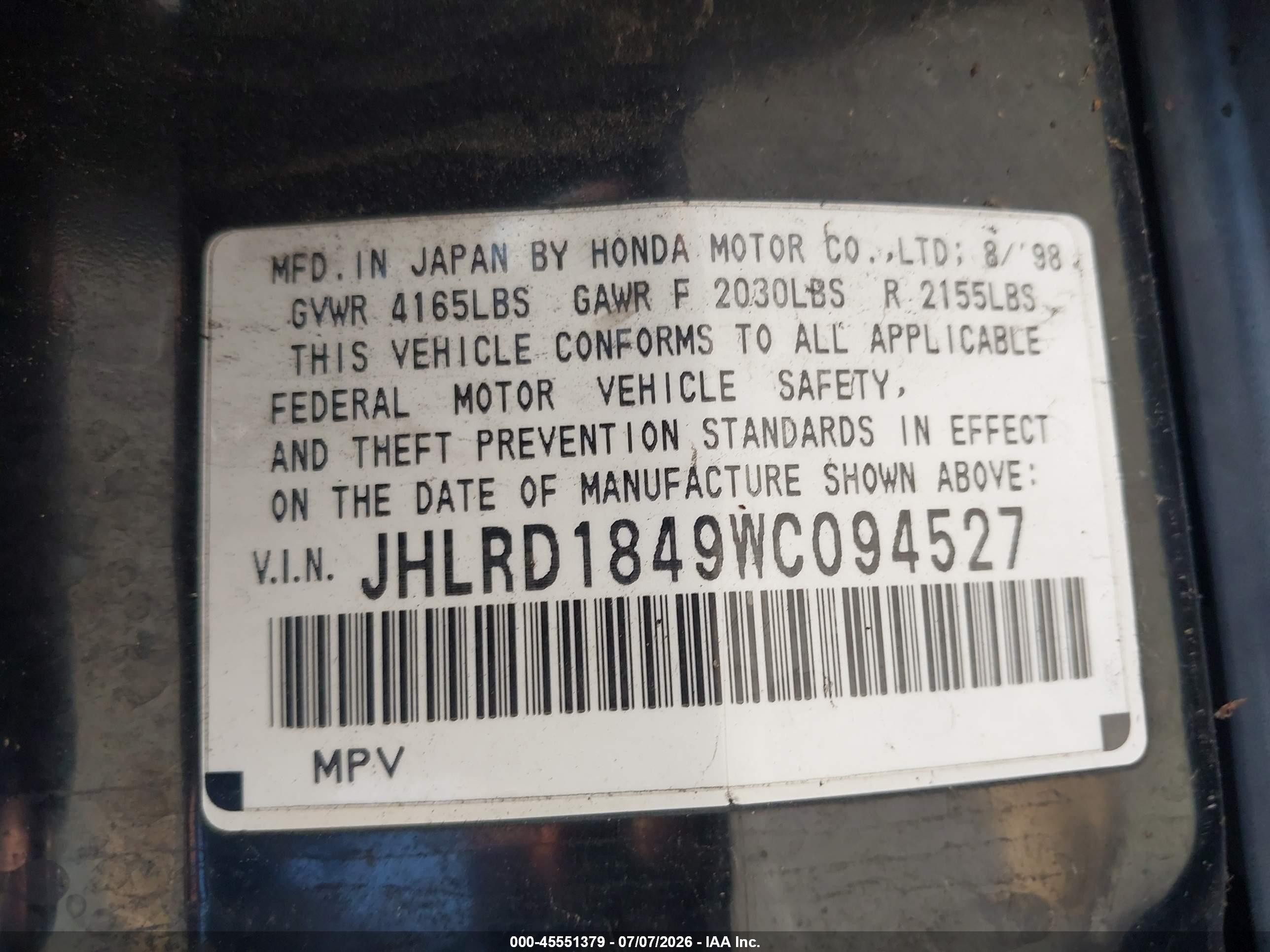 1998 Honda Cr-v Lx Black vin: JHLRD1849WC094527
