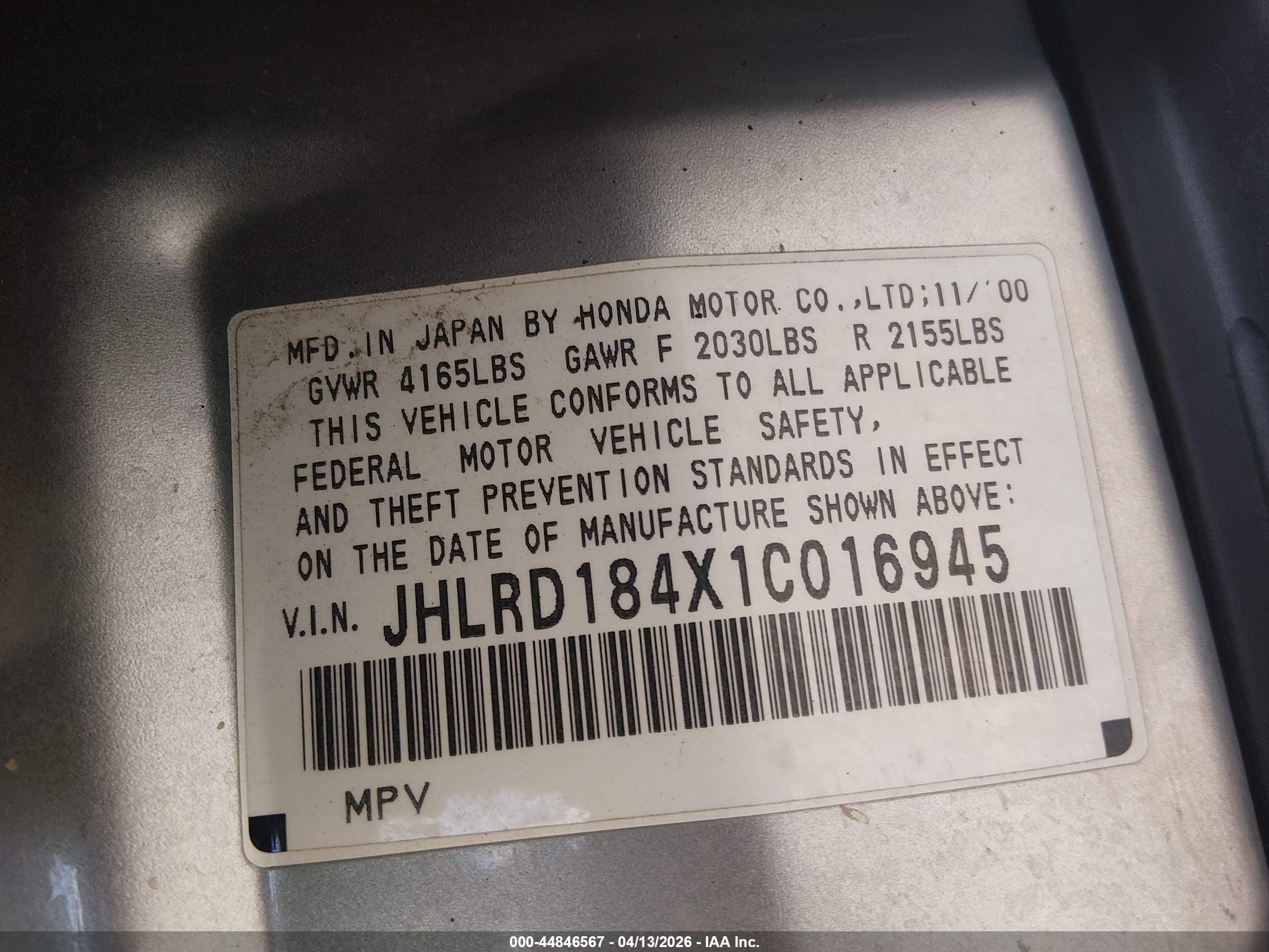 2001 Honda Cr-v Lx Gray vin: JHLRD184X1C016945