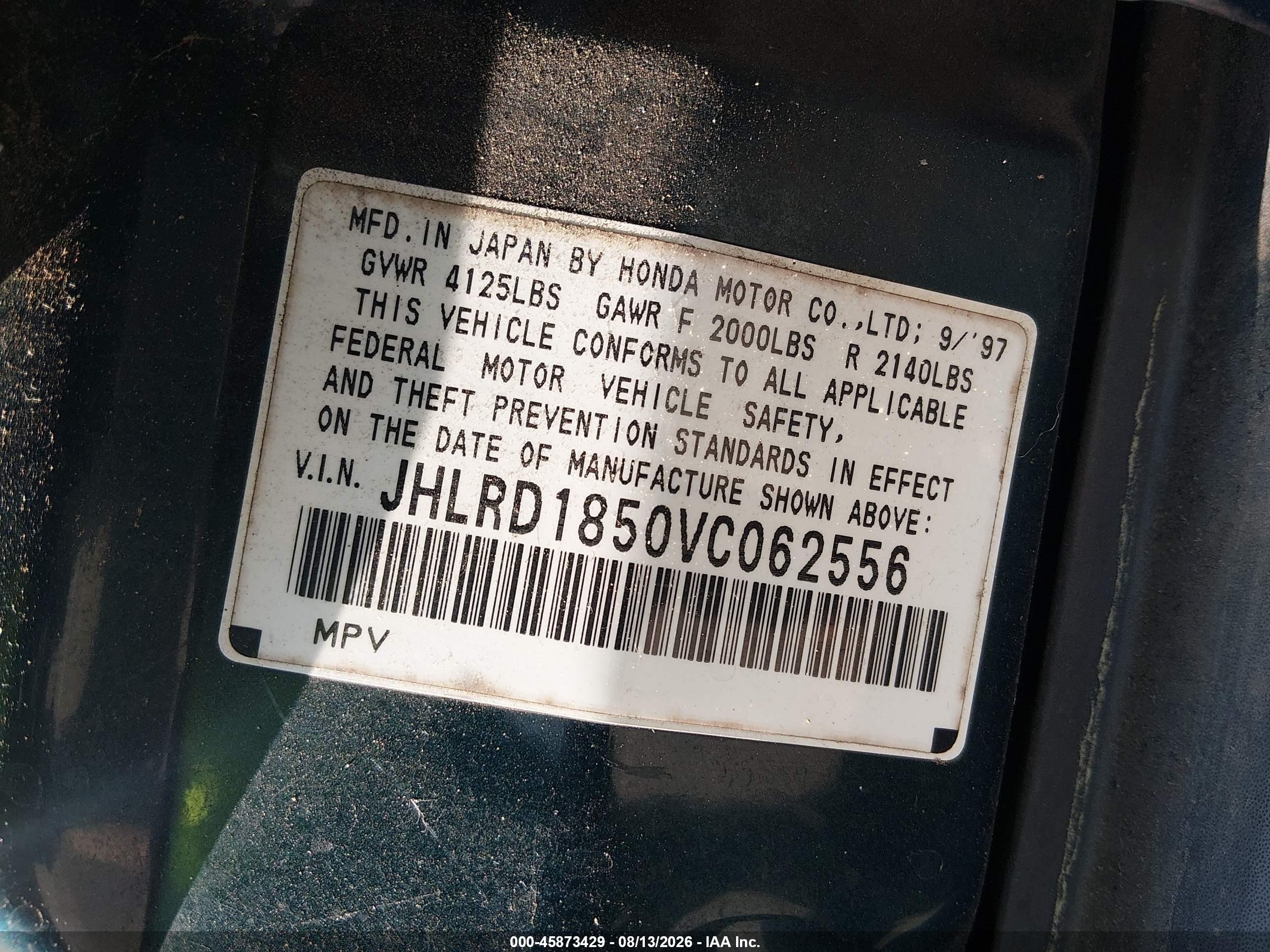 1997 Honda Cr-v   Green vin: JHLRD1850VC062556