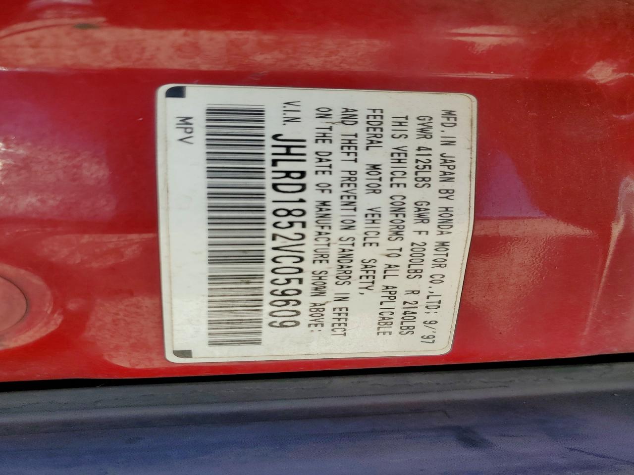 1997 Honda Cr-v Lx Red vin: JHLRD1852VC059609