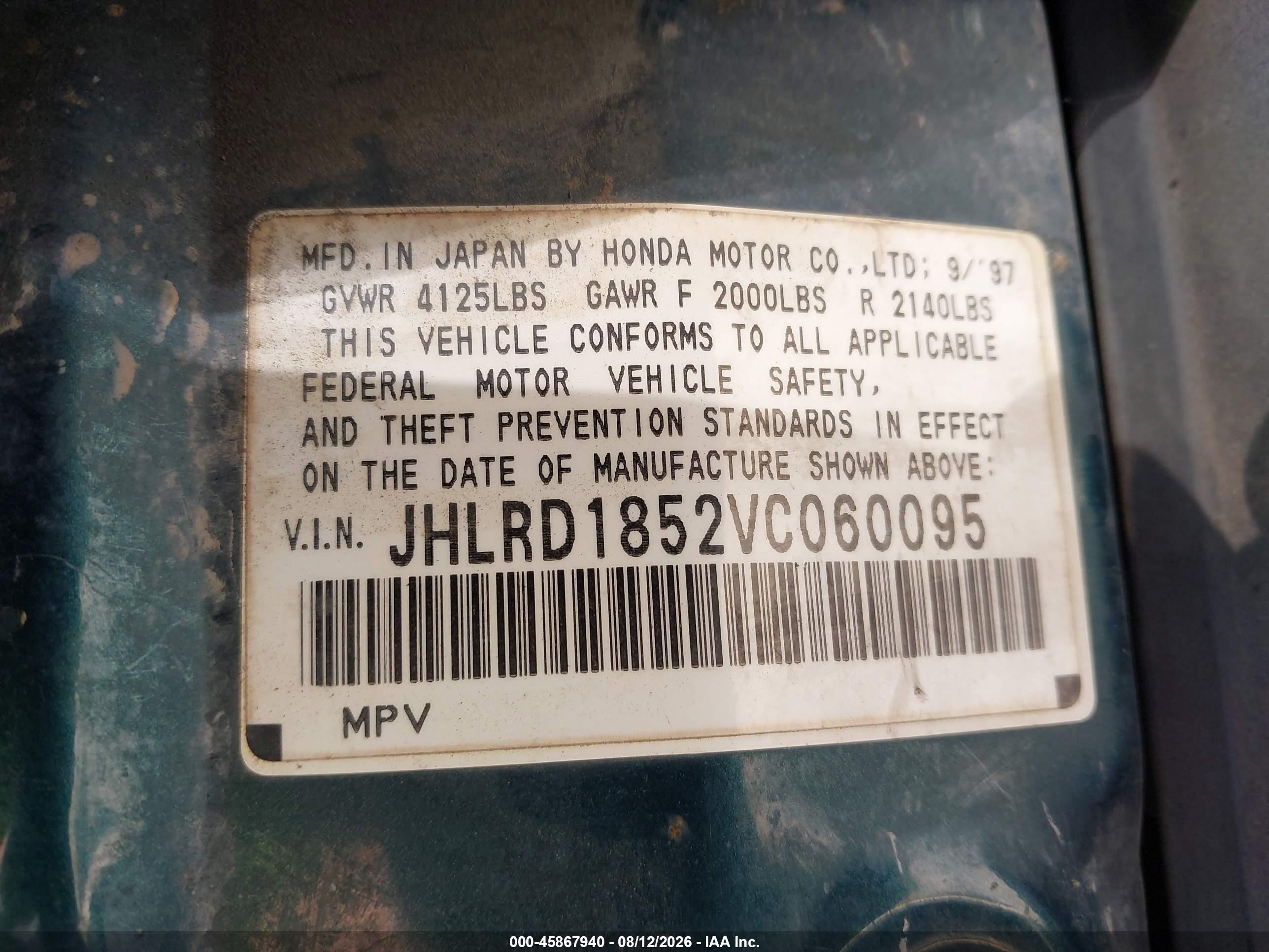 1997 Honda Cr-v   Green vin: JHLRD1852VC060095