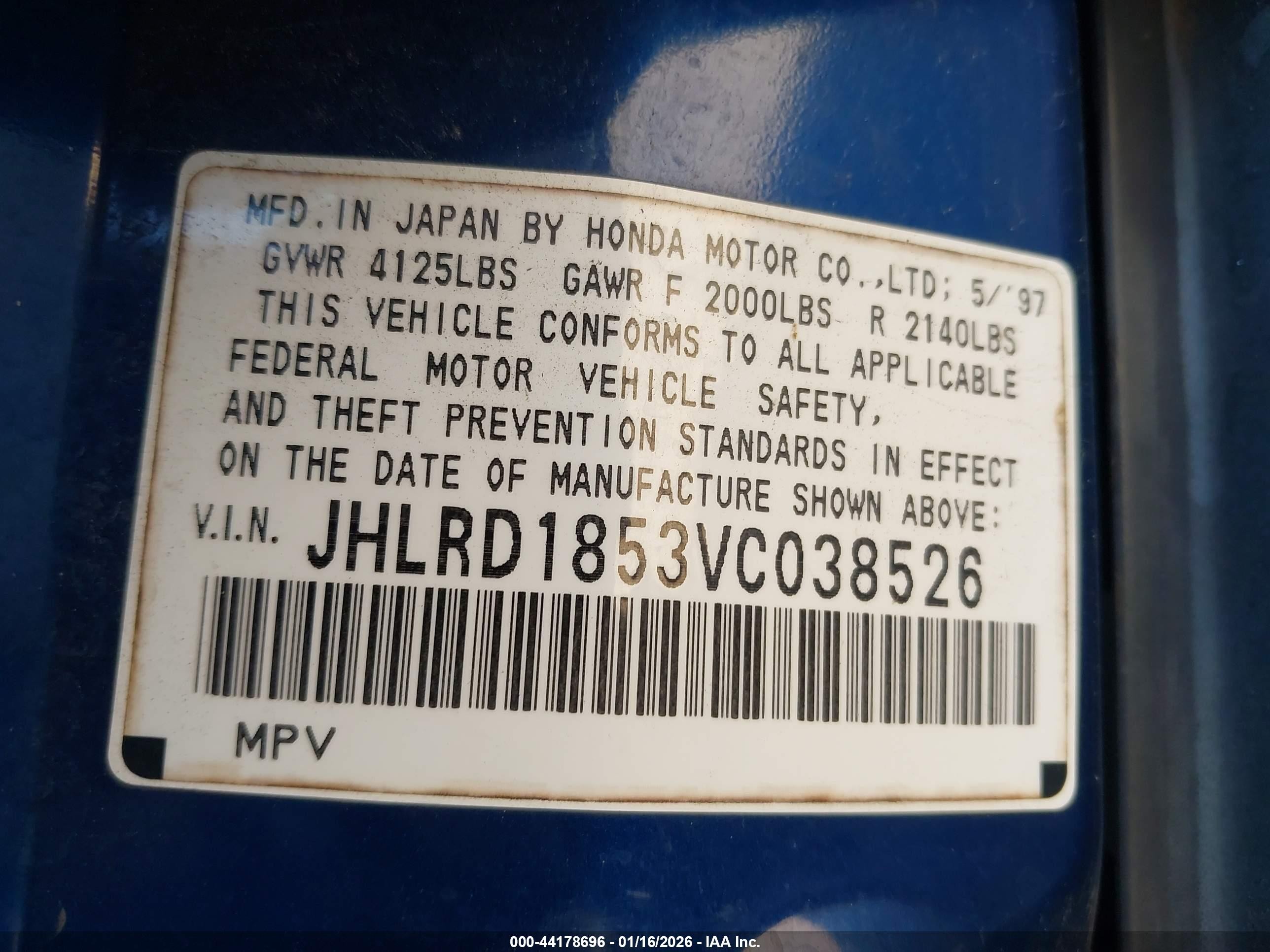 1997 Honda Cr-v Blue vin: JHLRD1853VC038526