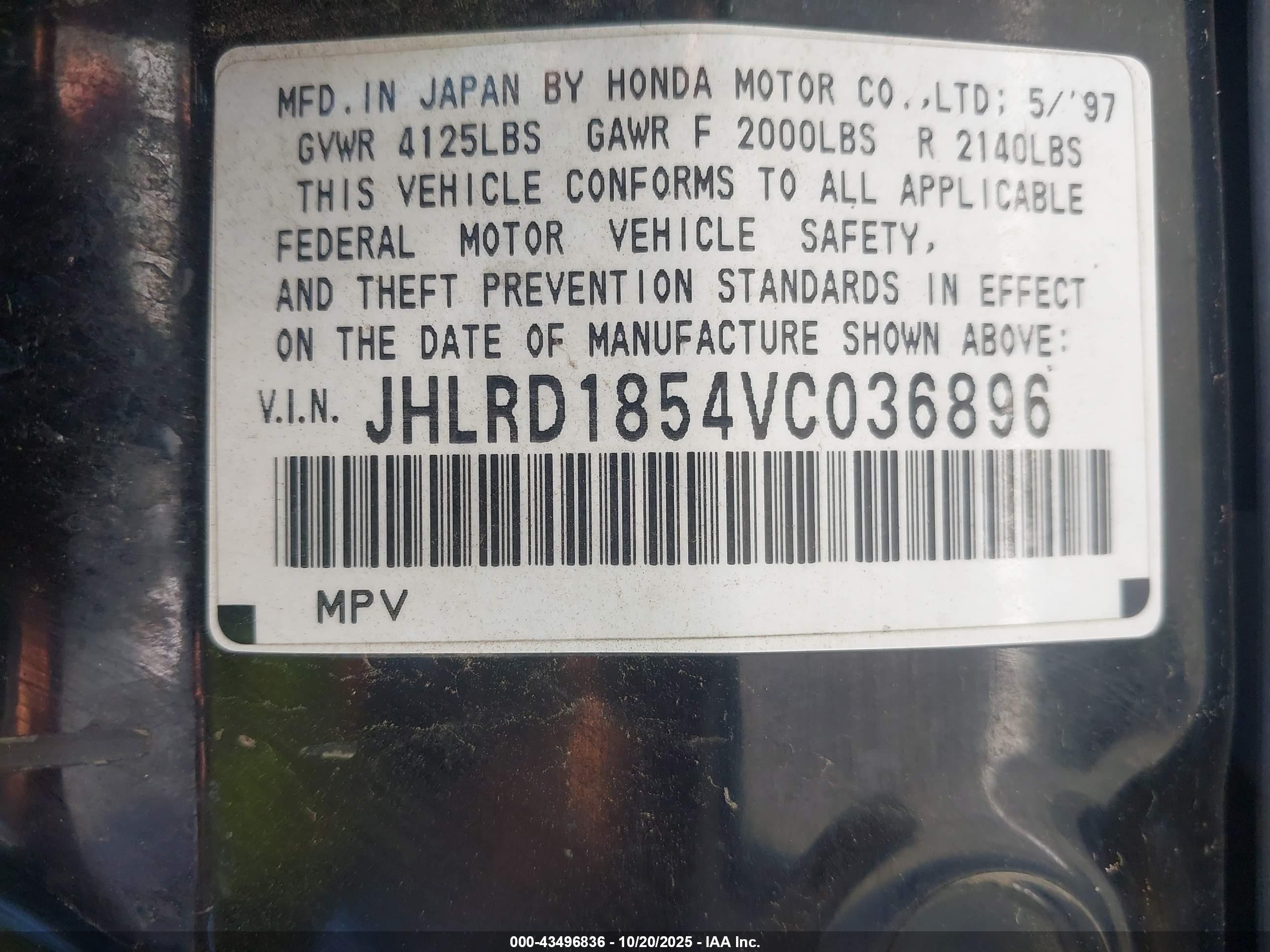 1997 Honda Cr-v Black vin: JHLRD1854VC036896