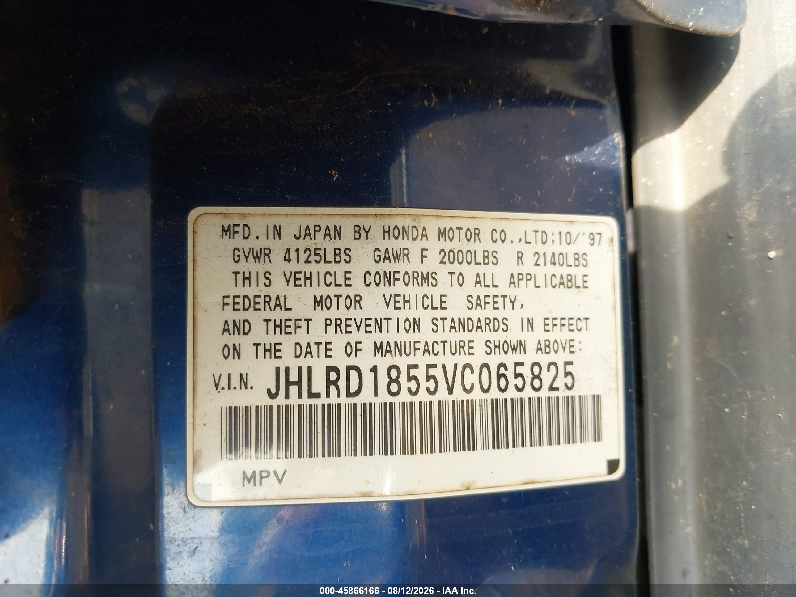1997 Honda Cr-v   Blue vin: JHLRD1855VC065825