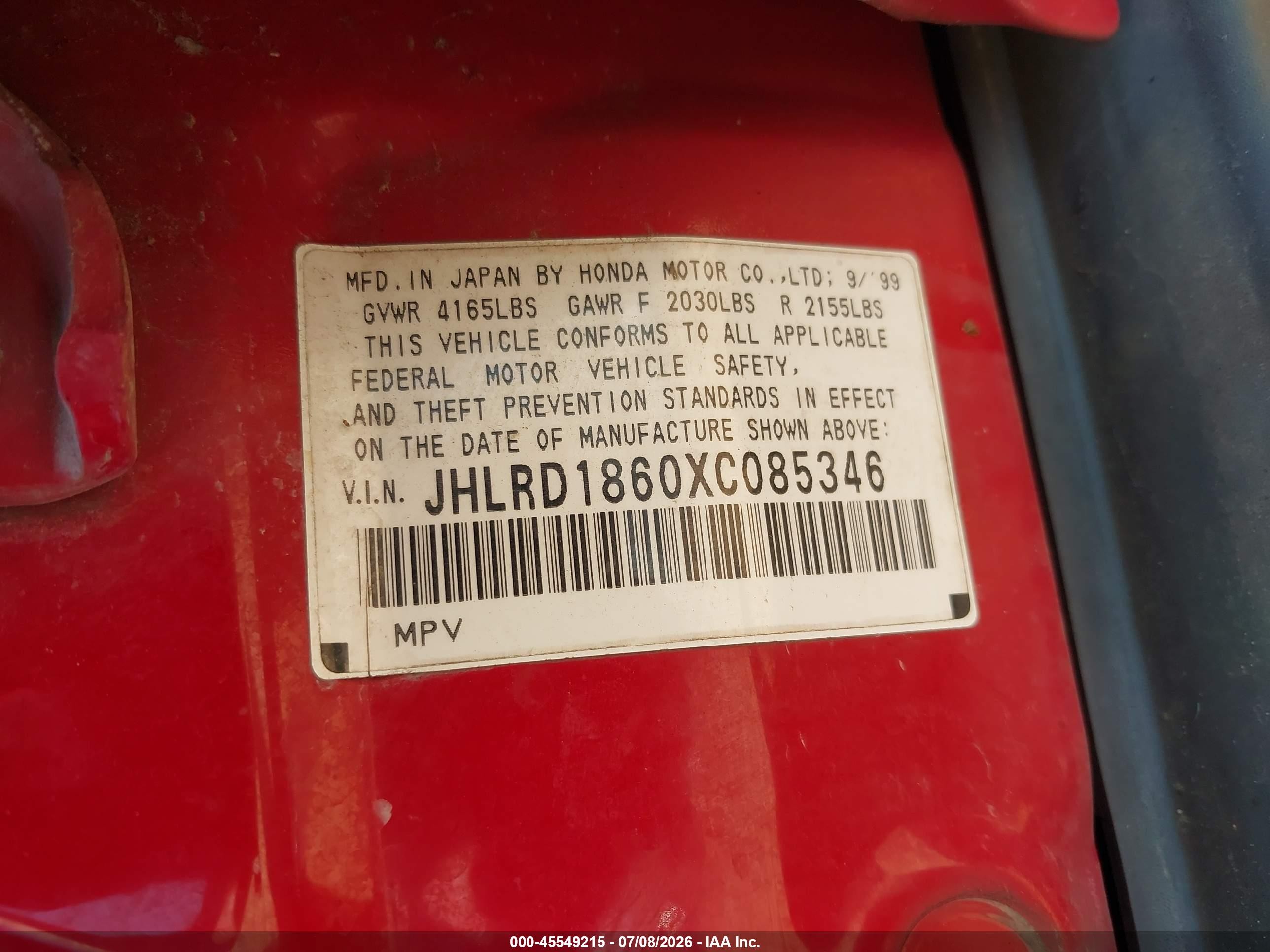 1999 Honda Cr-v Ex Red vin: JHLRD1860XC085346