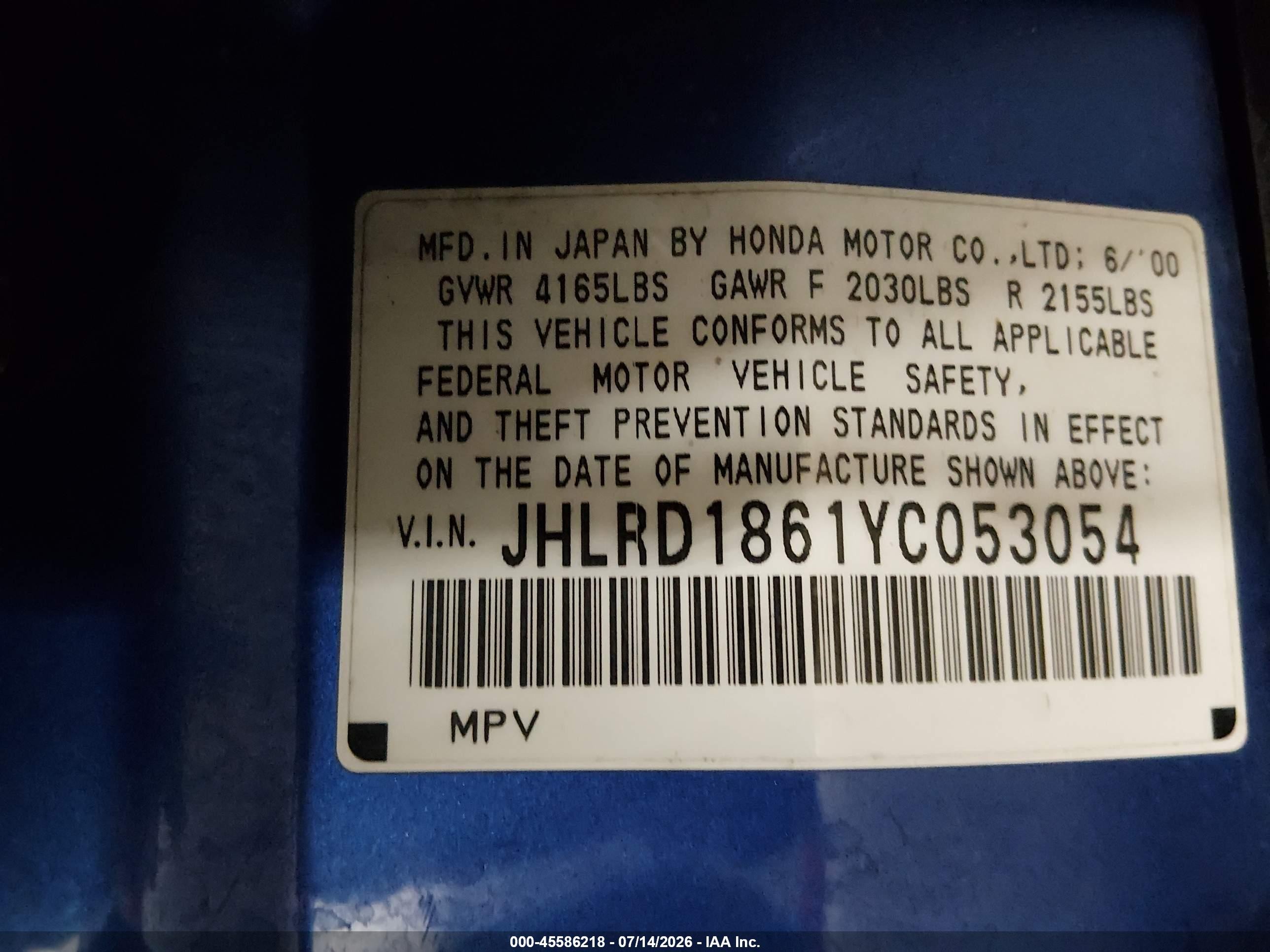 2000 Honda Cr-v Ex Blue vin: JHLRD1861YC053054