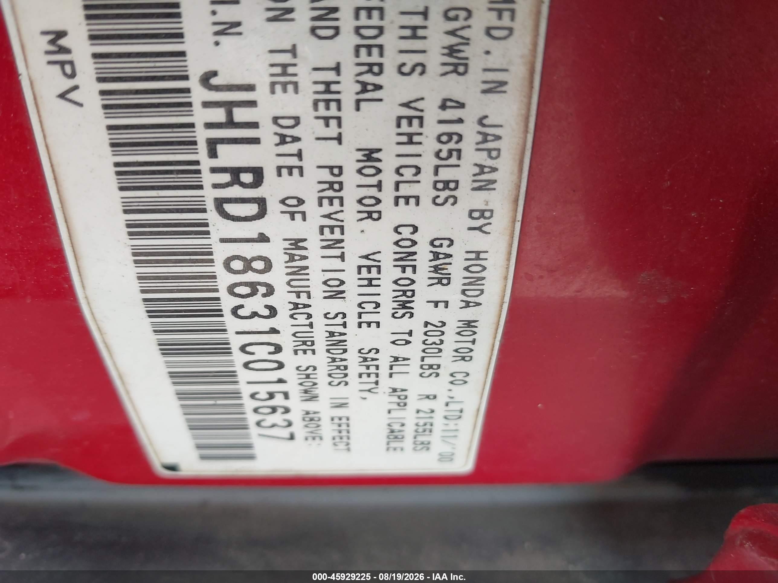 2001 Honda Cr-v Ex Red vin: JHLRD18631C015637
