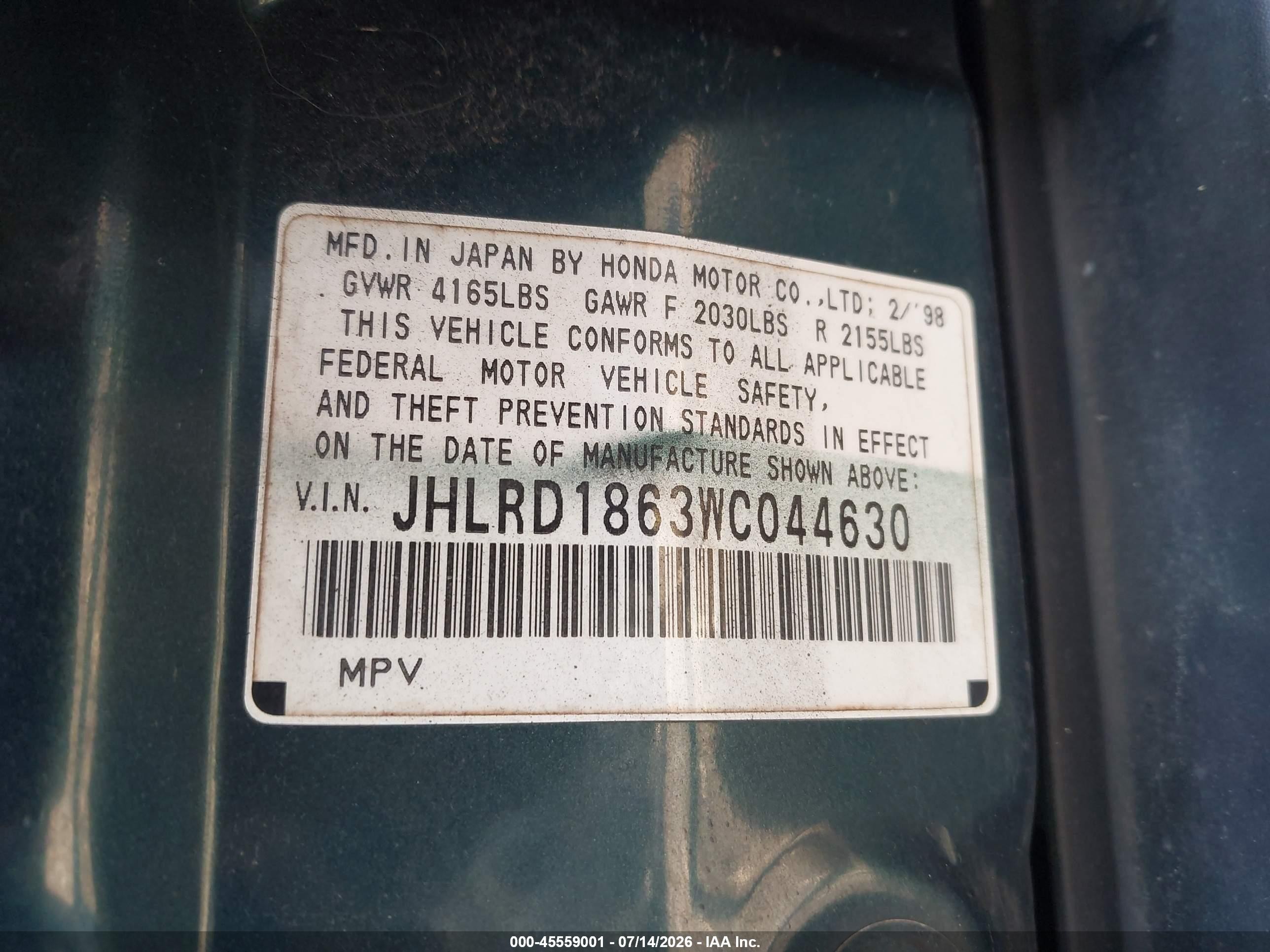 1998 Honda Cr-v Ex Green vin: JHLRD1863WC044630
