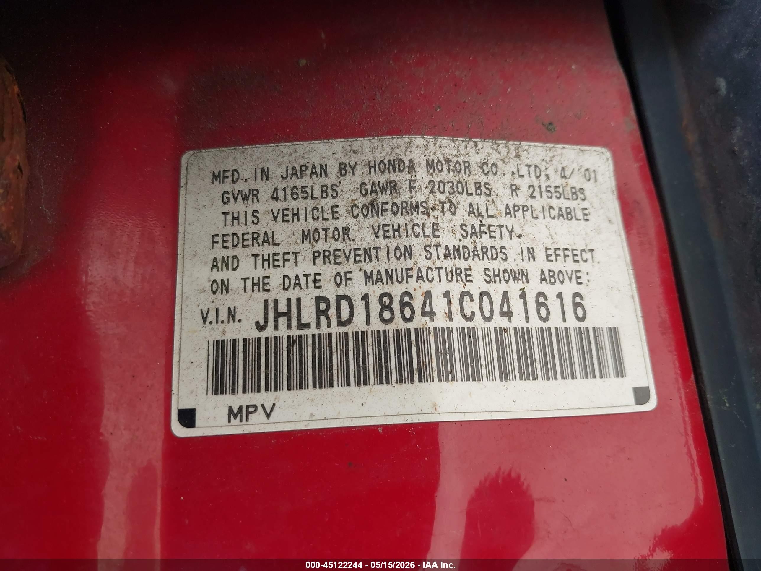 2001 Honda Cr-v Ex Red vin: JHLRD18641C041616