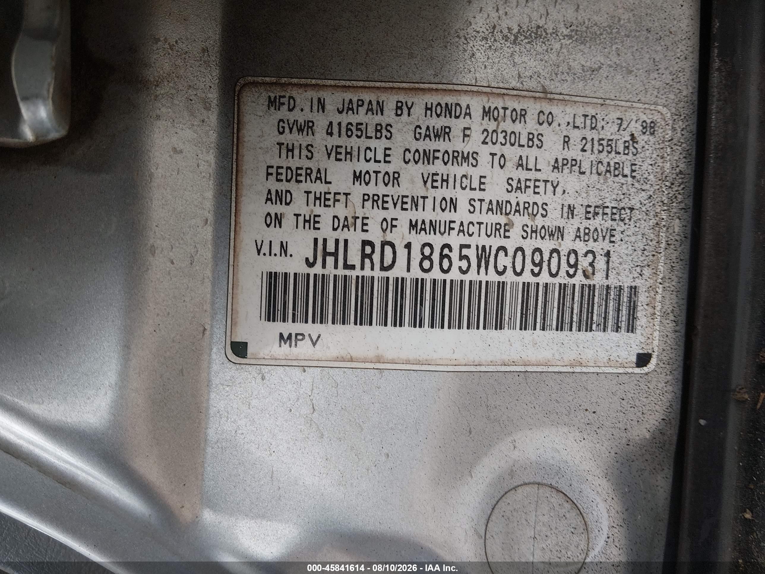 1998 Honda Cr-v Ex Silver vin: JHLRD1865WC090931