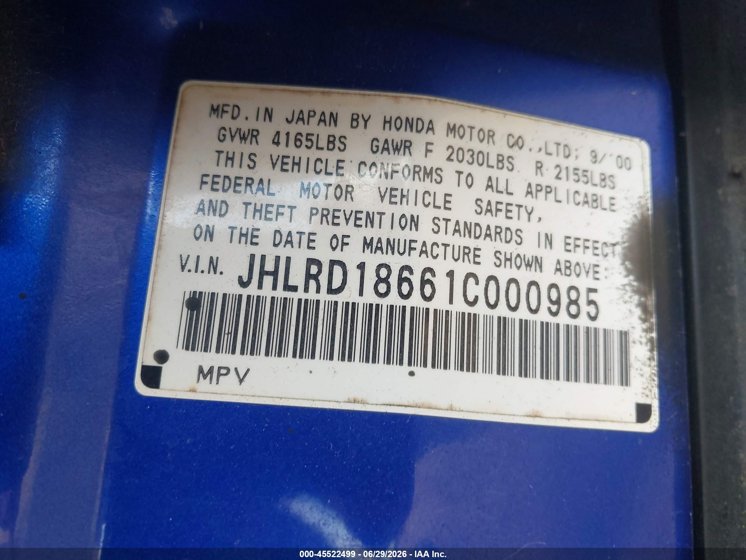 2001 Honda Cr-v Ex Blue vin: JHLRD18661C000985