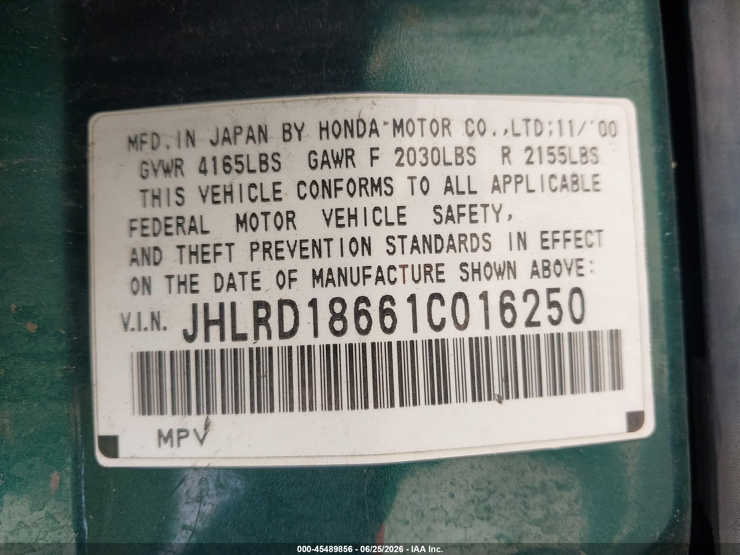 2001 Honda Cr-v Ex Green vin: JHLRD18661C016250