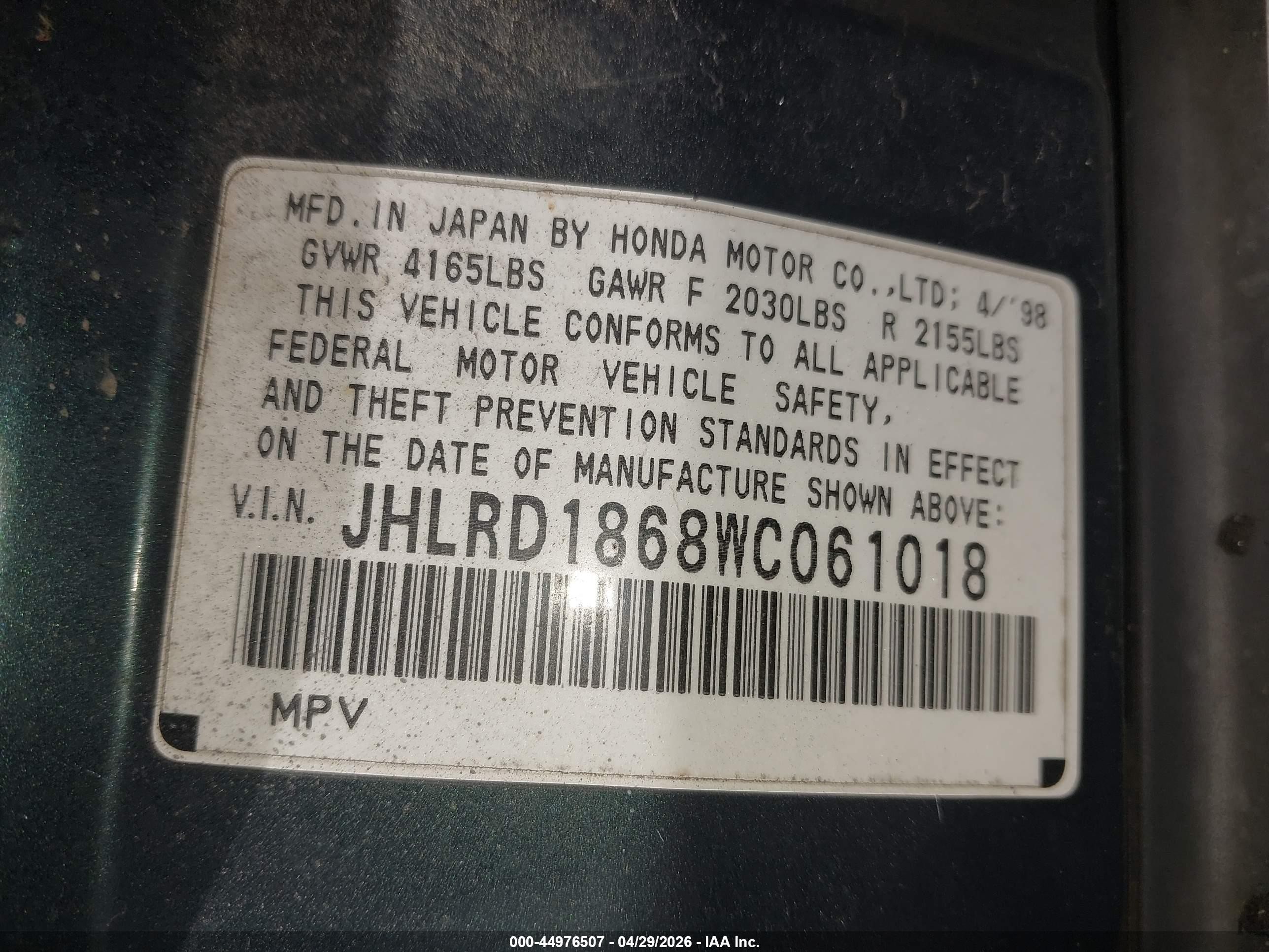 1998 Honda Cr-v Ex Green vin: JHLRD1868WC061018