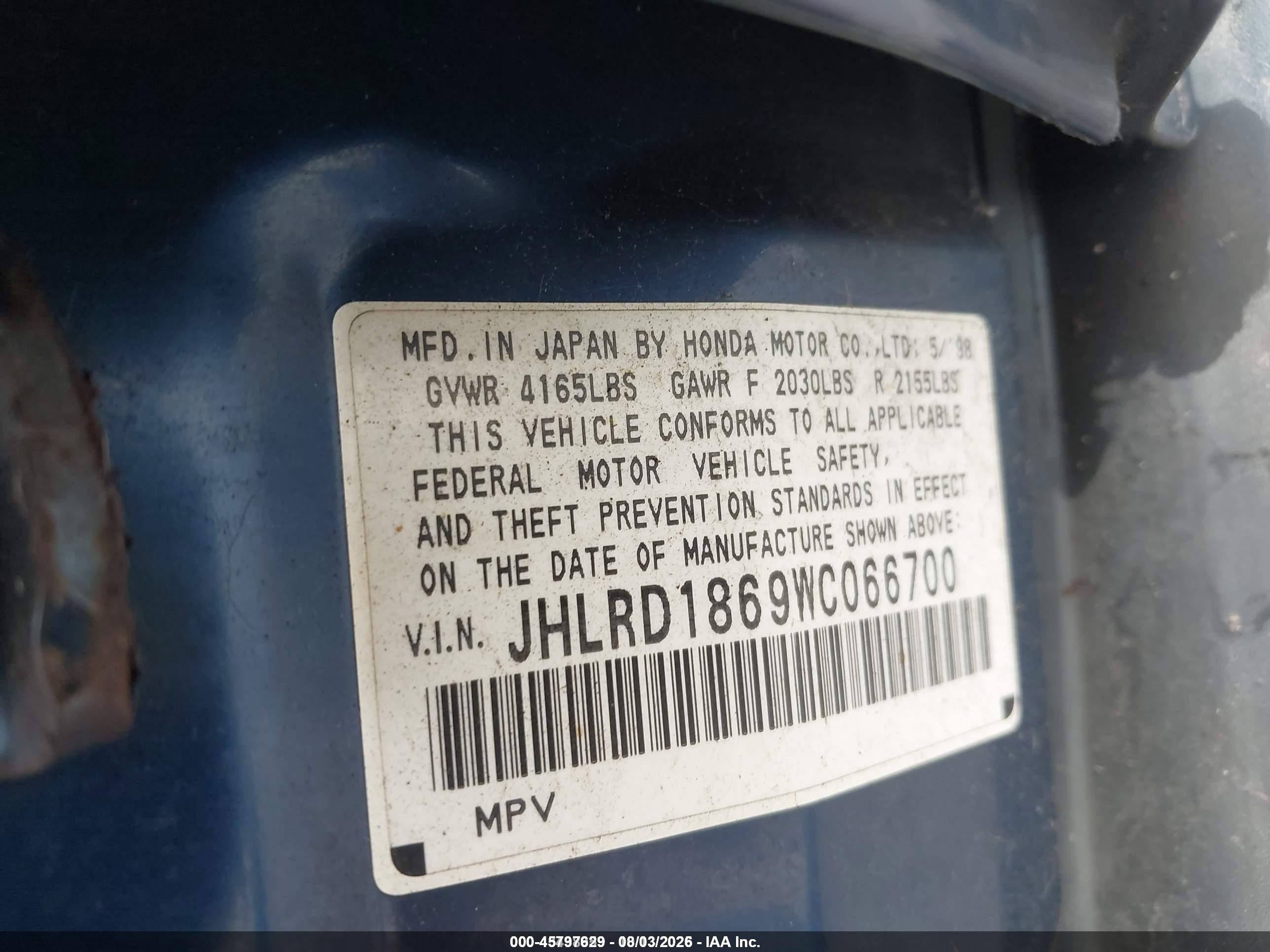 1998 Honda Cr-v Ex Blue vin: JHLRD1869WC066700