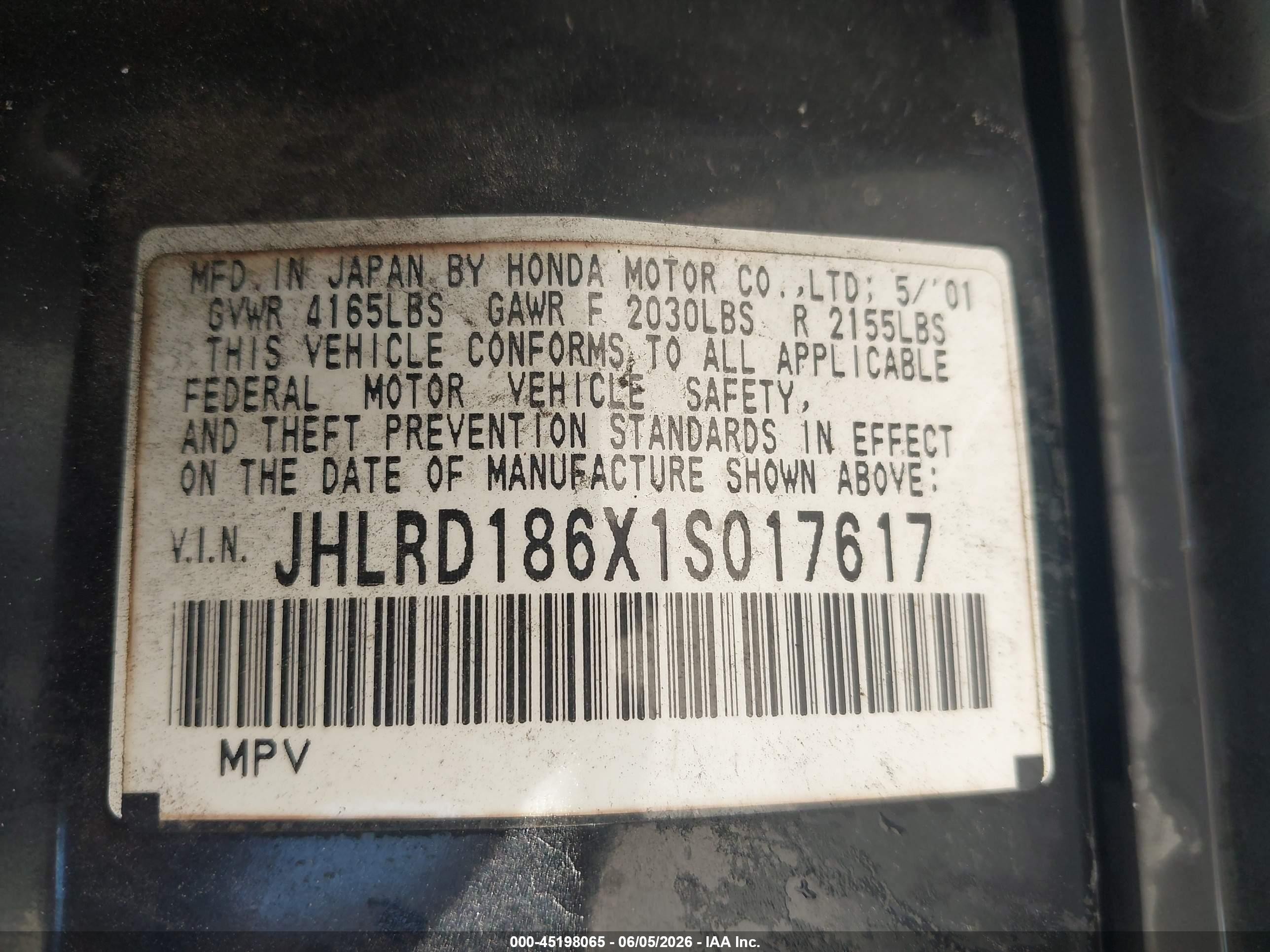 2001 Honda Cr-v Ex Black vin: JHLRD186X1S017617