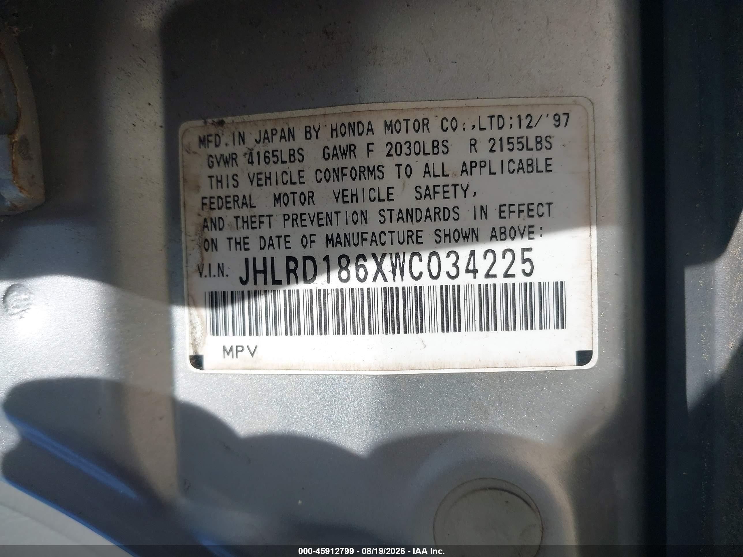 1998 Honda Cr-v Ex Silver vin: JHLRD186XWC034225