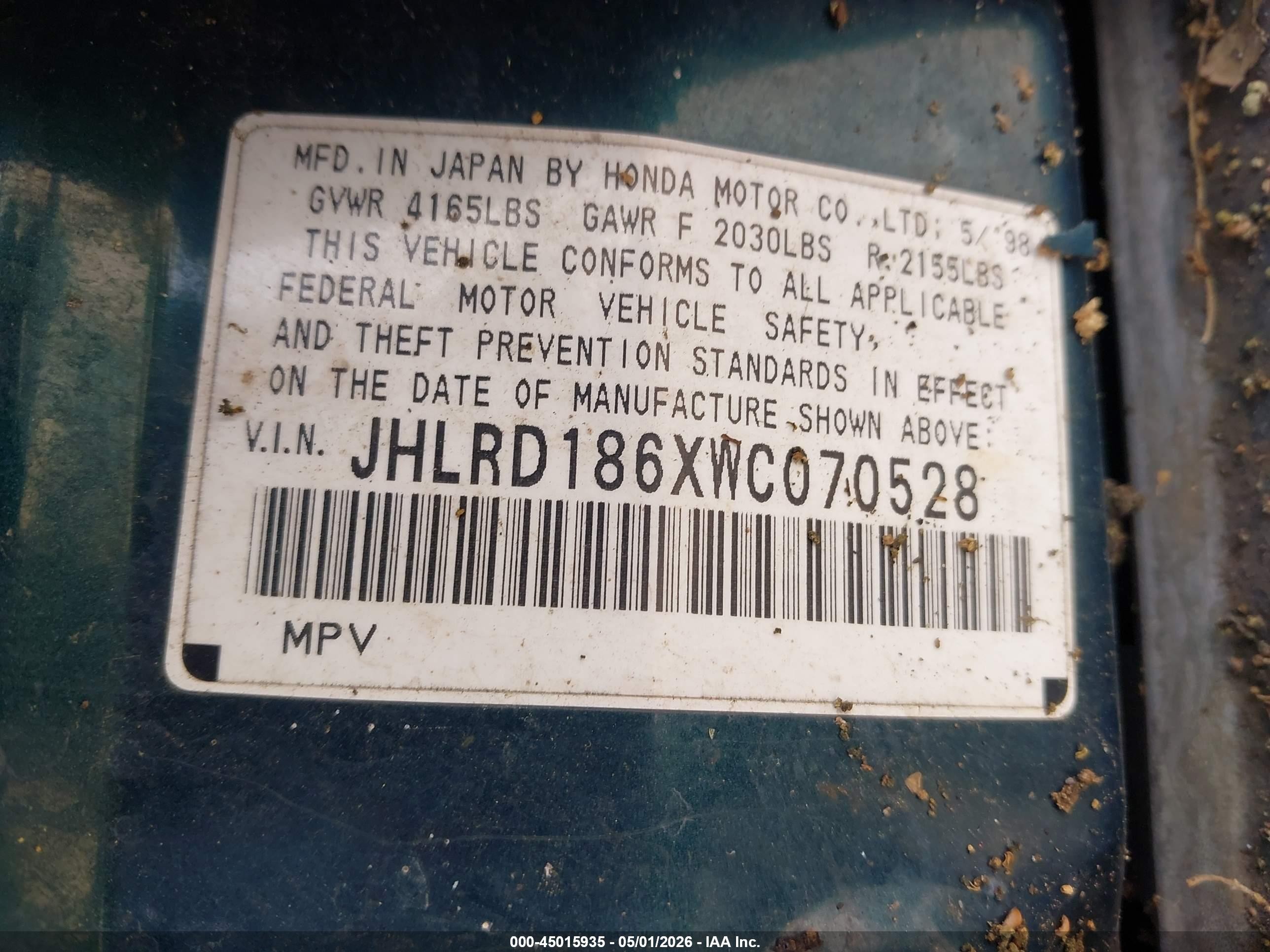 1998 Honda Cr-v Ex Green vin: JHLRD186XWC070528