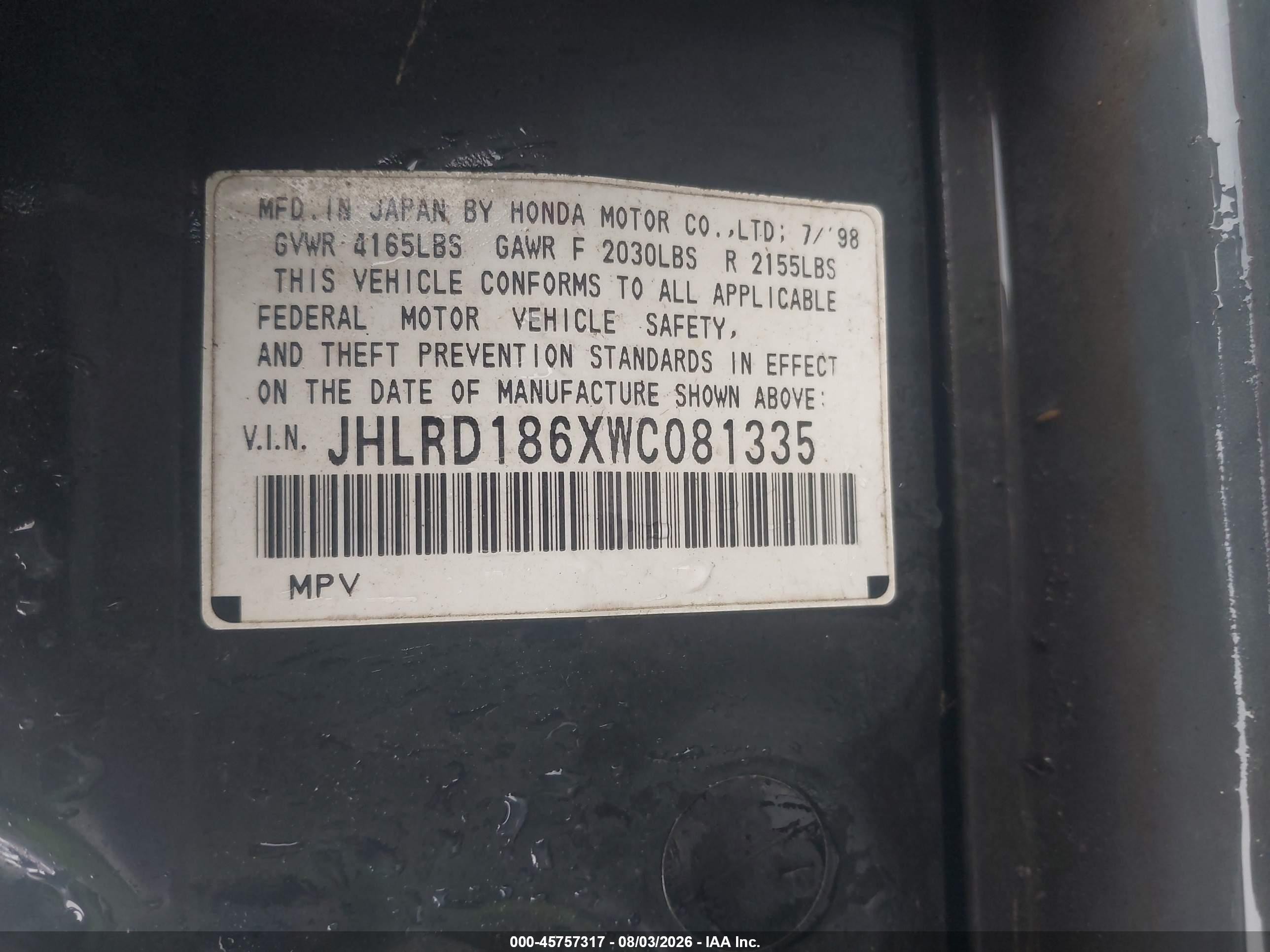 1998 Honda Cr-v Ex Black vin: JHLRD186XWC081335