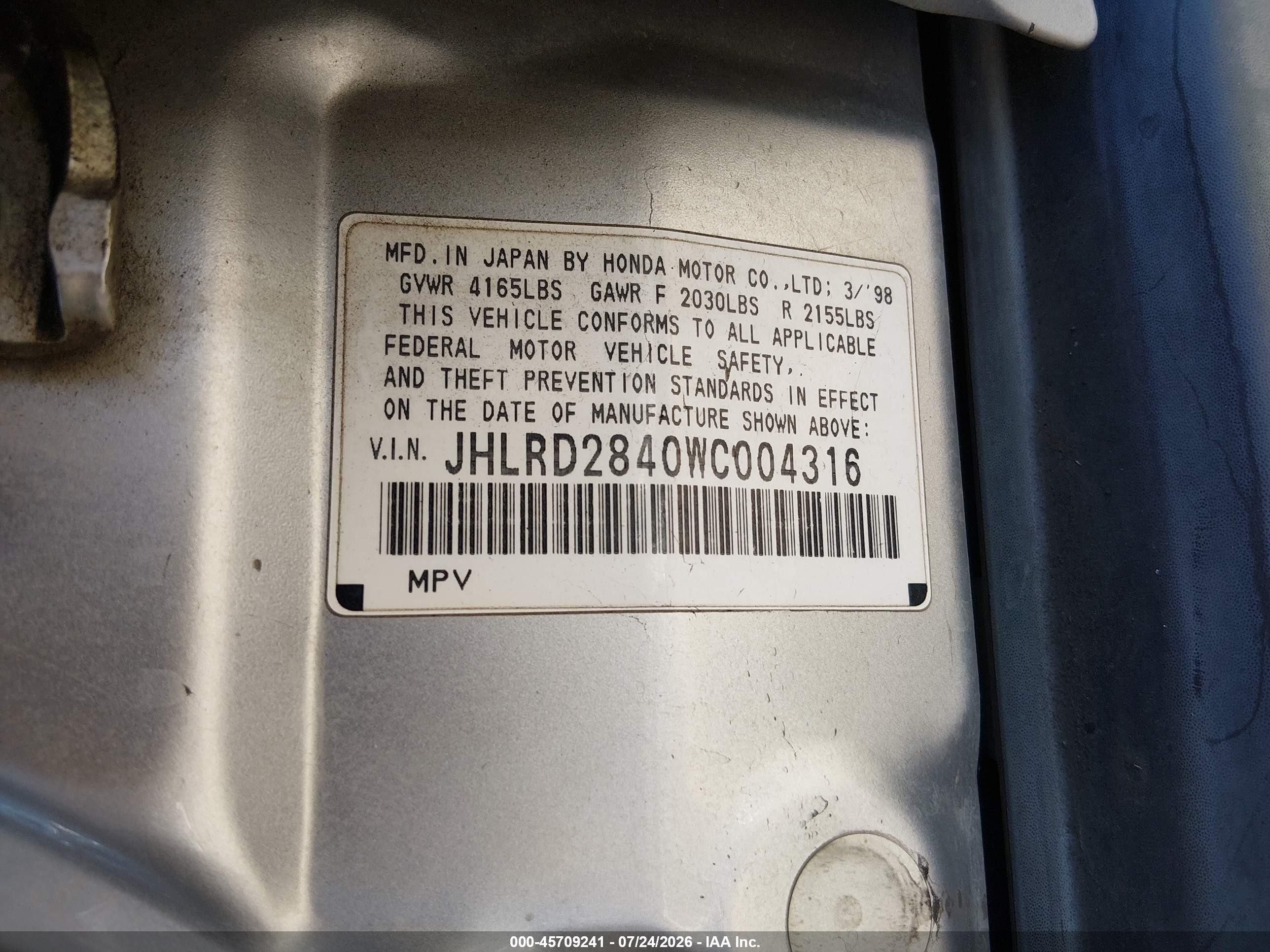 1998 Honda Cr-v Lx Серый vin: JHLRD2840WC004316