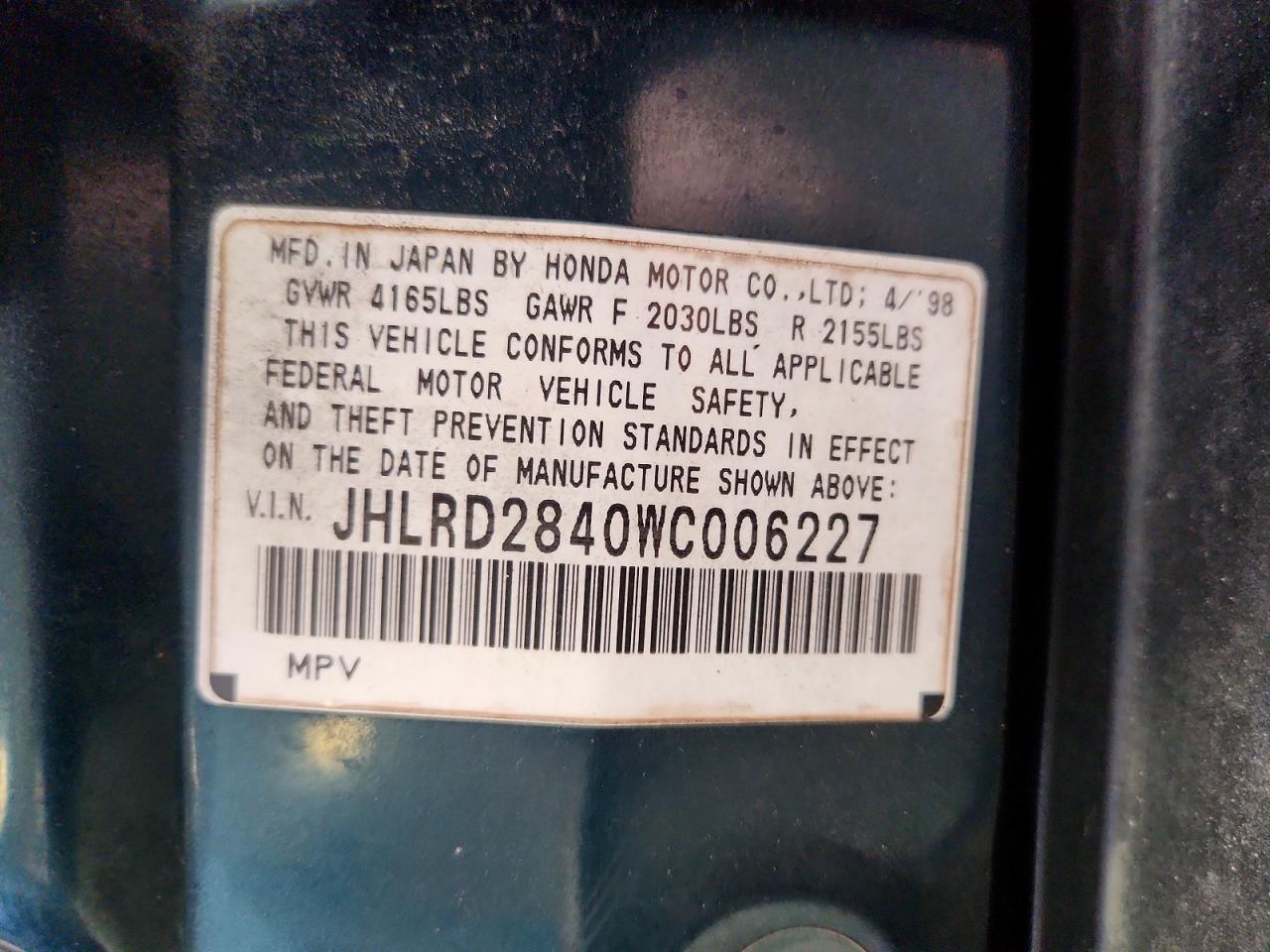 1998 Honda Cr-v Lx Turquoise vin: JHLRD2840WC006227
