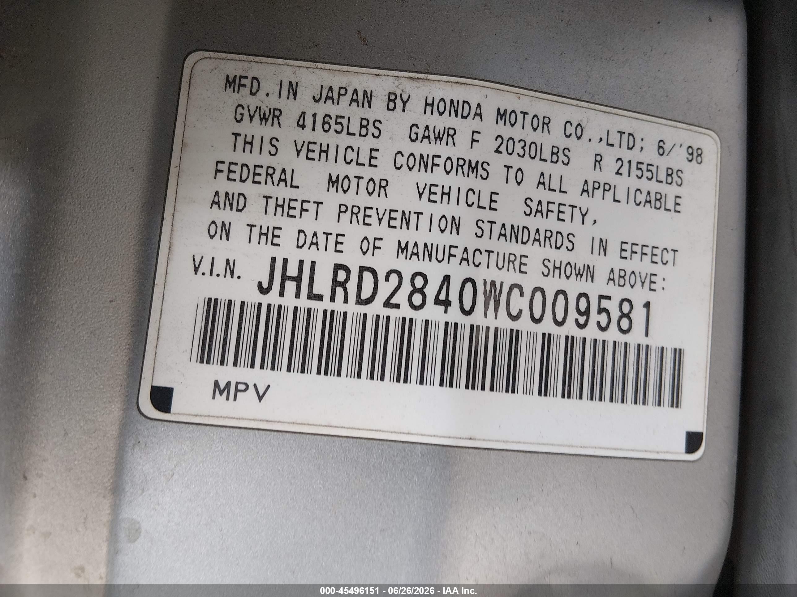 1998 Honda Cr-v Lx Silver vin: JHLRD2840WC009581