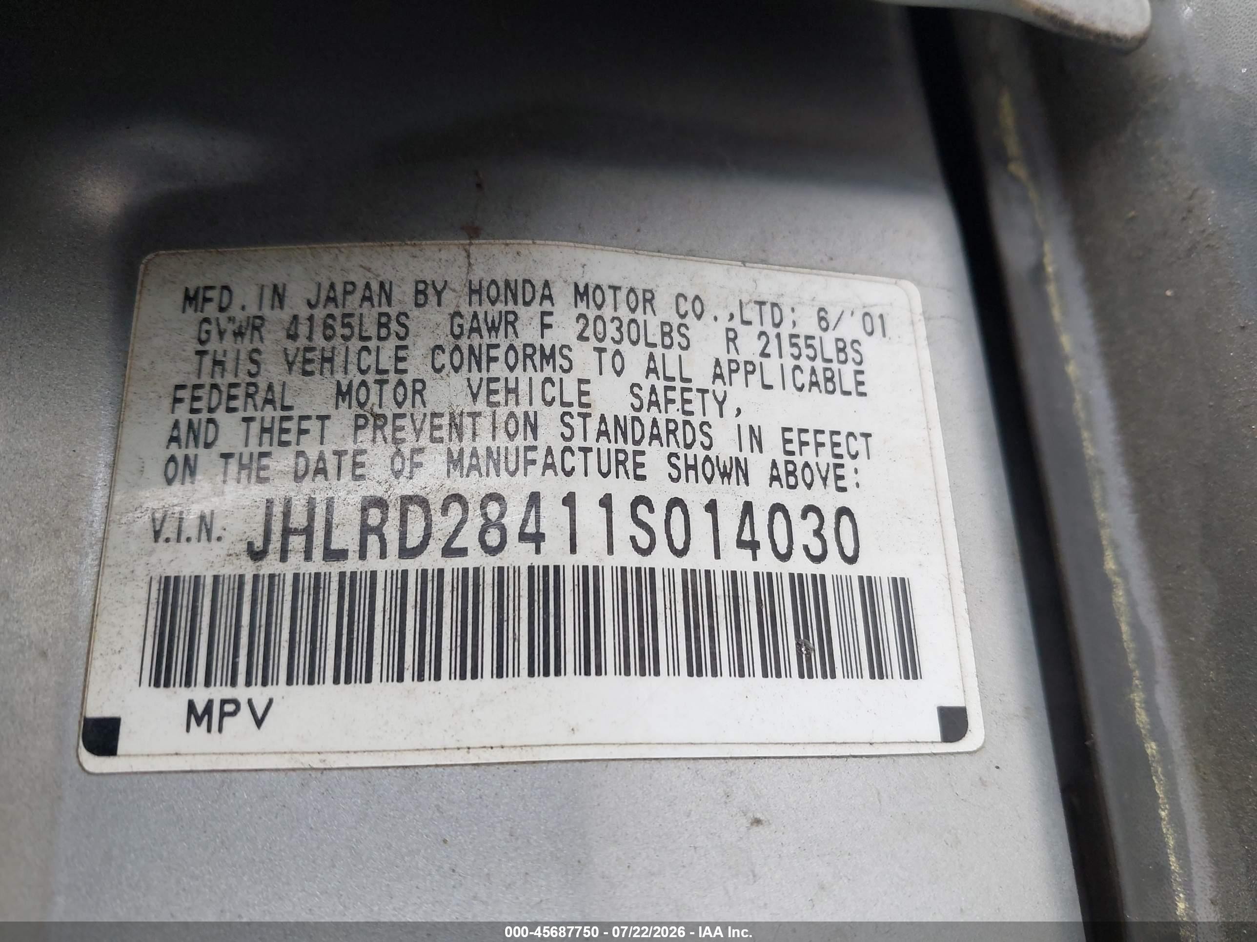 2001 Honda Cr-v Lx Silver vin: JHLRD28411S014030