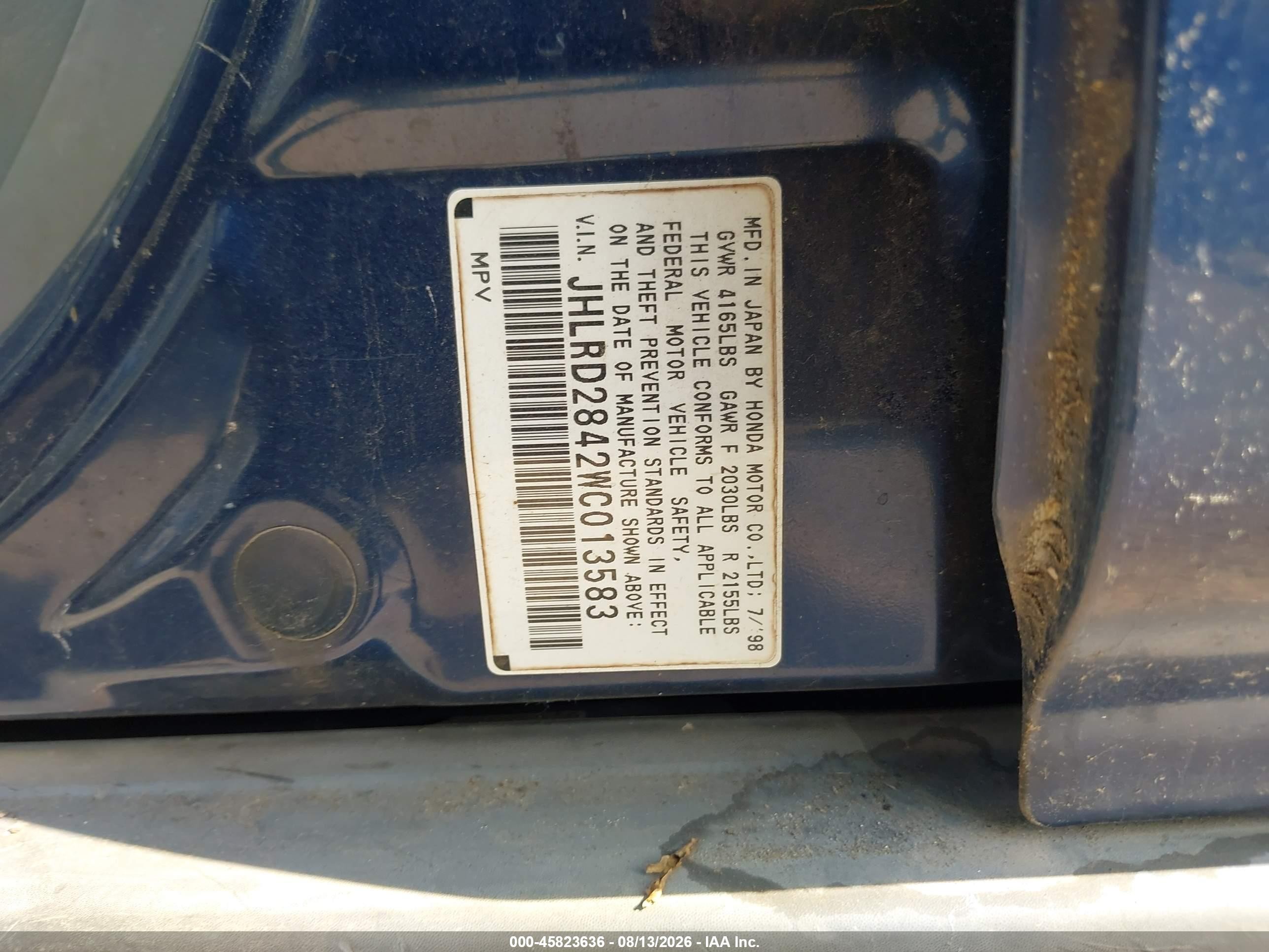 1998 Honda Cr-v Lx Blue vin: JHLRD2842WC013583