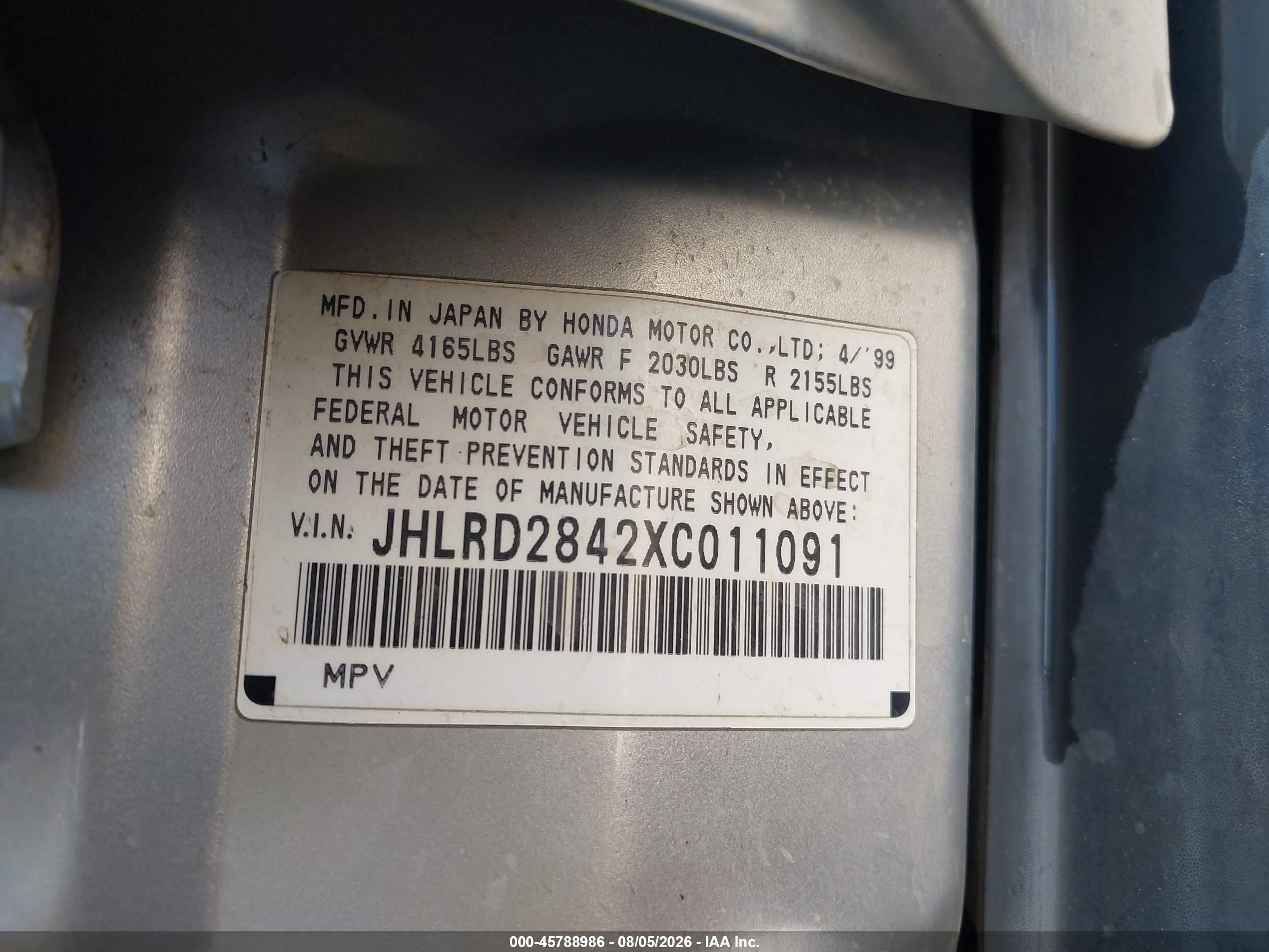 1999 Honda Cr-v Lx Silver vin: JHLRD2842XC011091