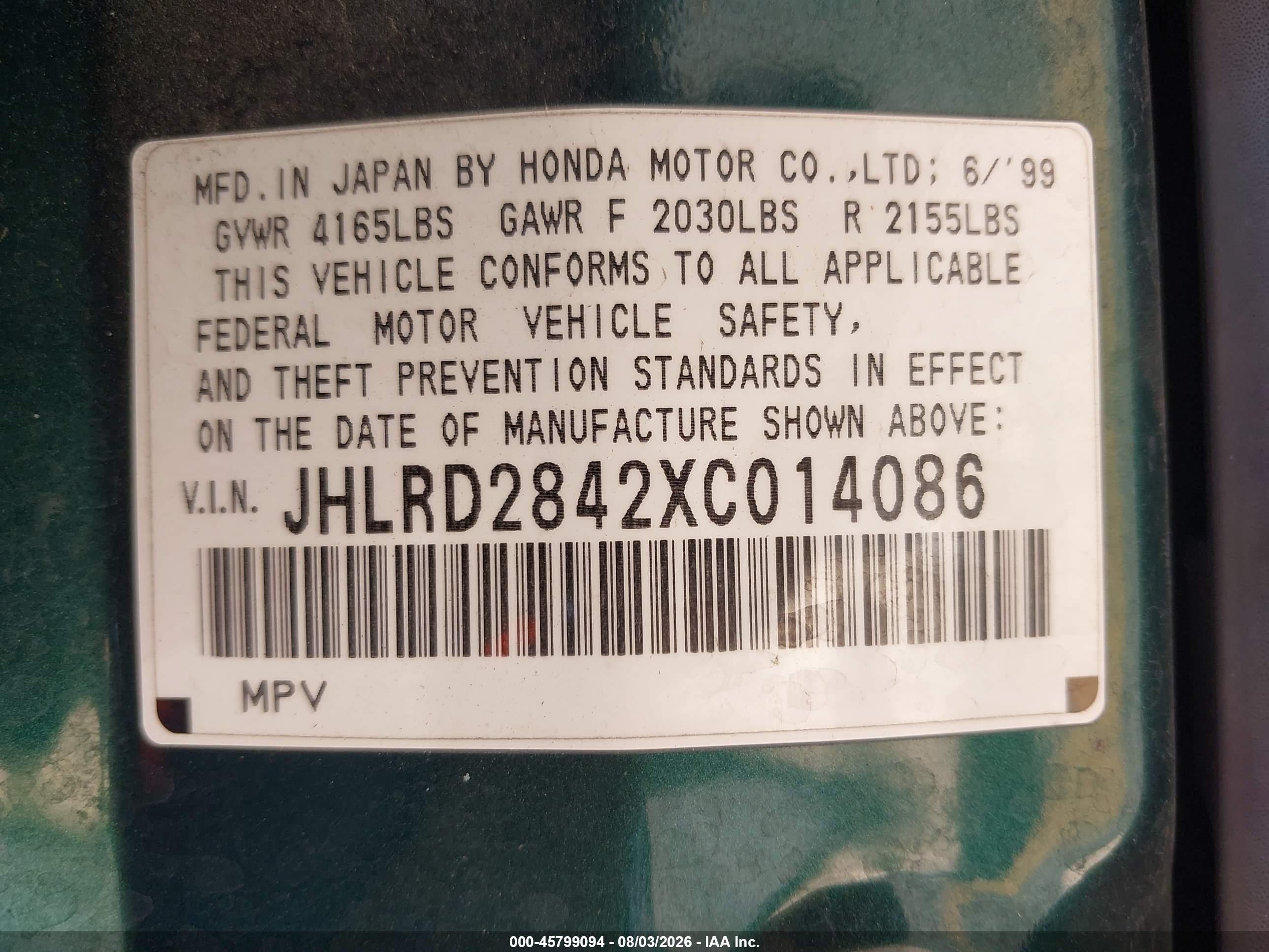 1999 Honda Cr-v Lx Green vin: JHLRD2842XC014086