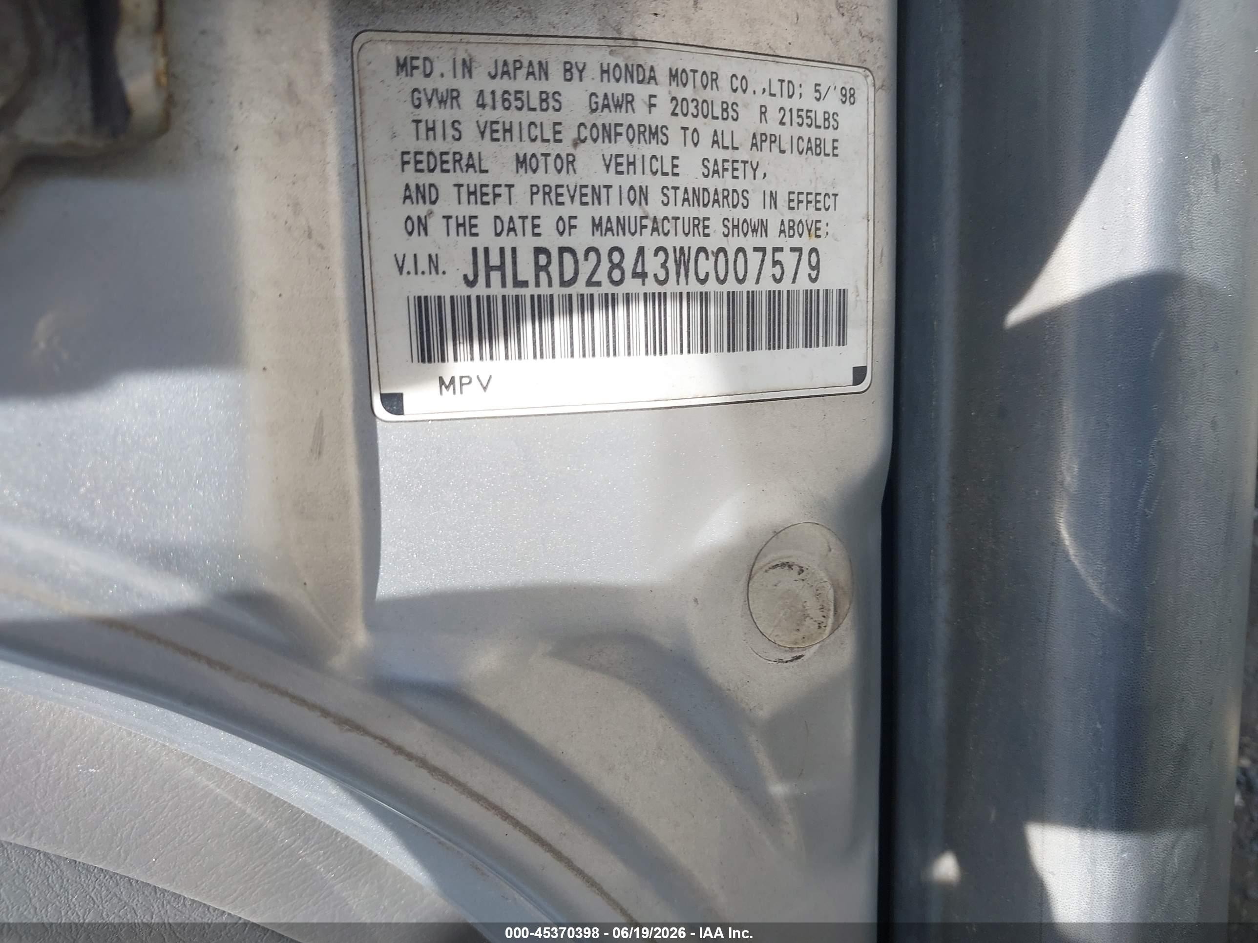 1998 Honda Cr-v Lx Silver vin: JHLRD2843WC007579