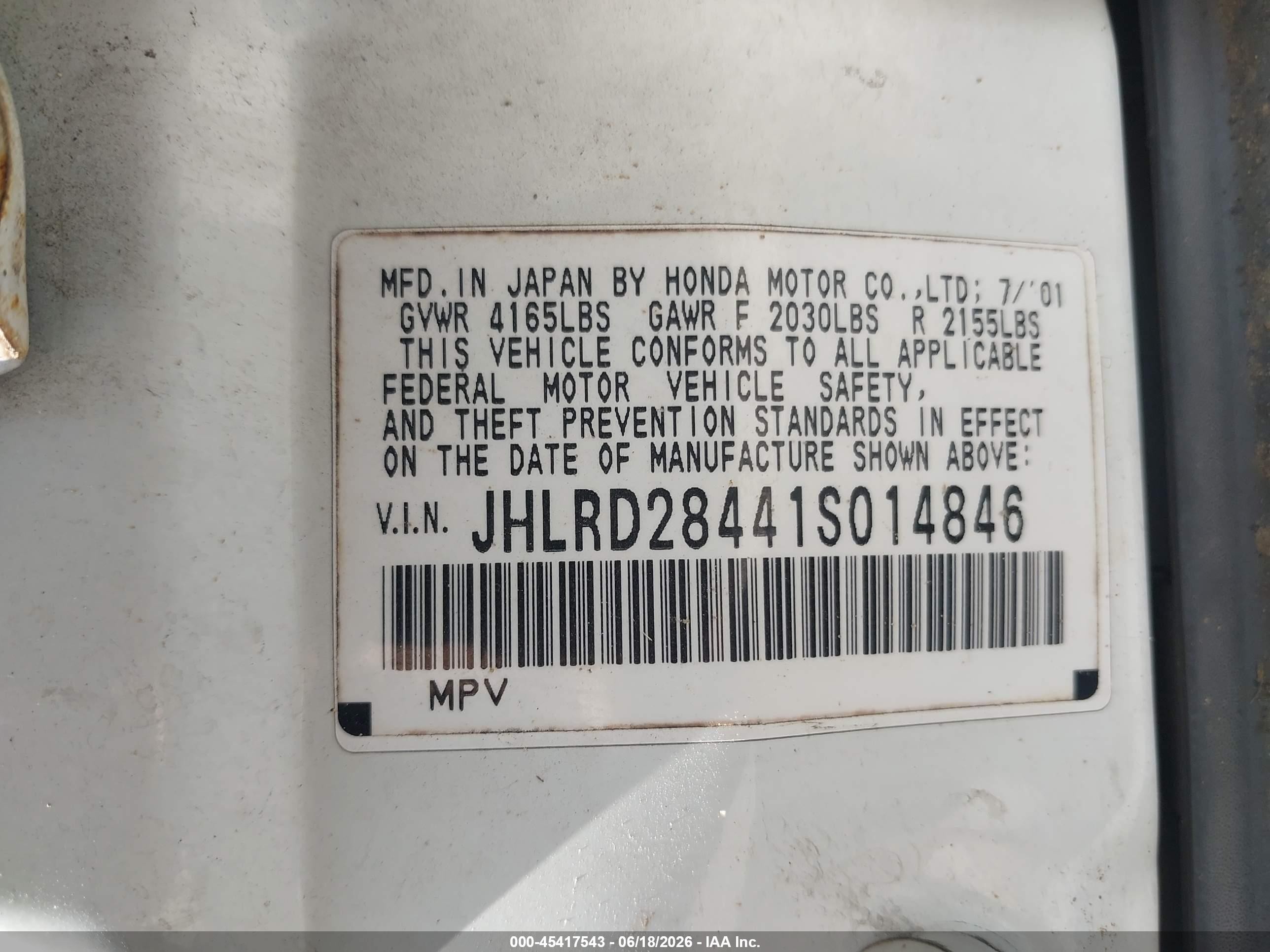 2001 Honda Cr-v Lx Белый vin: JHLRD28441S014846