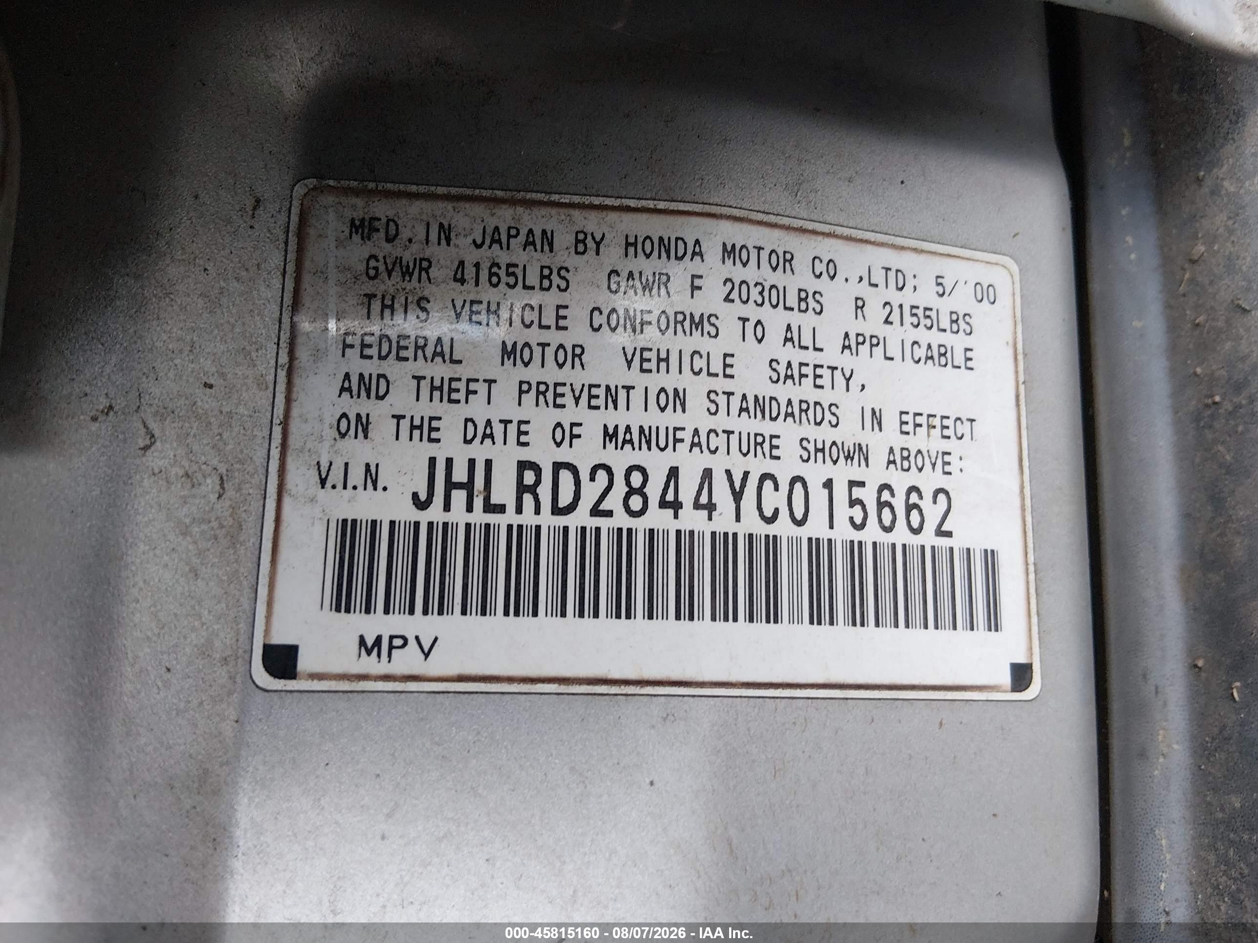 2000 Honda Cr-v Lx Silver vin: JHLRD2844YC015662