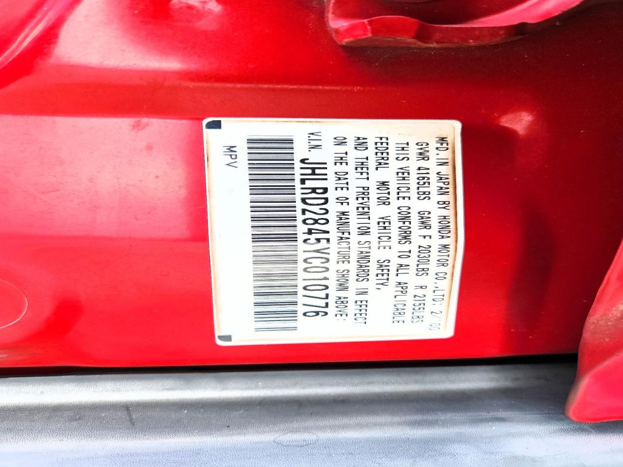 2000 Honda Cr-v Lx Red vin: JHLRD2845YC010776