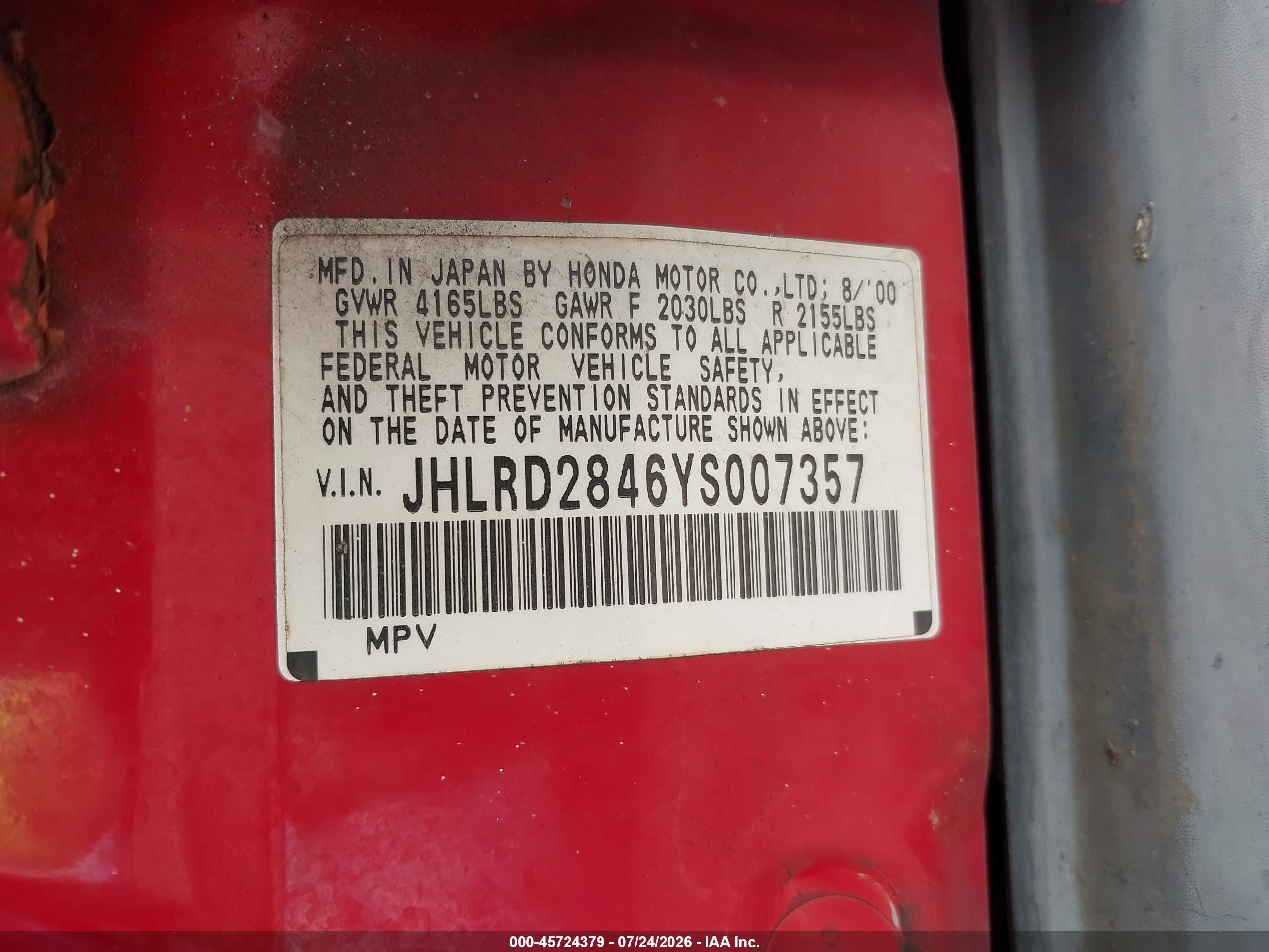 2000 Honda Cr-v Lx Red vin: JHLRD2846YS007357