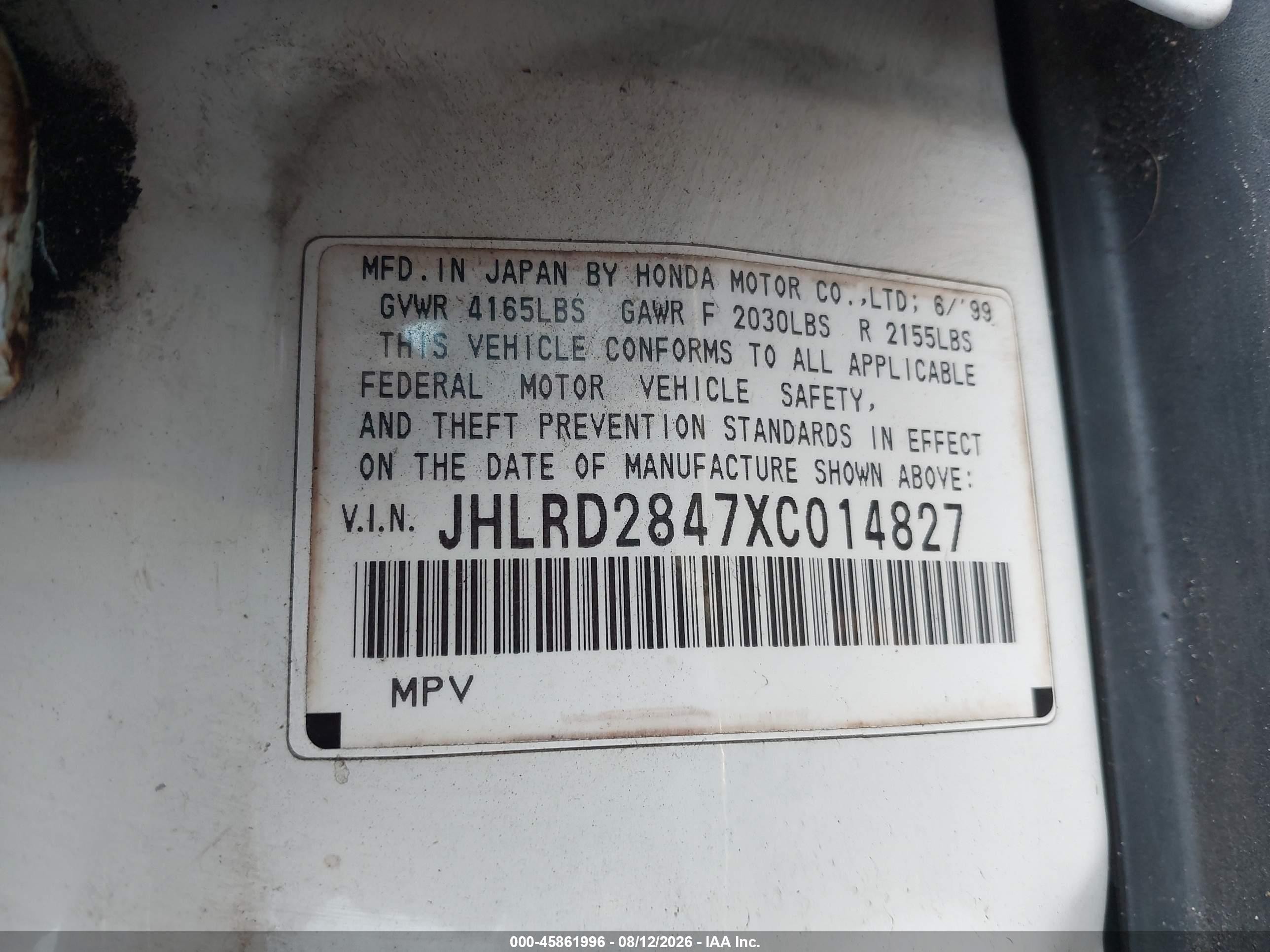 1999 Honda Cr-v Lx White vin: JHLRD2847XC014827
