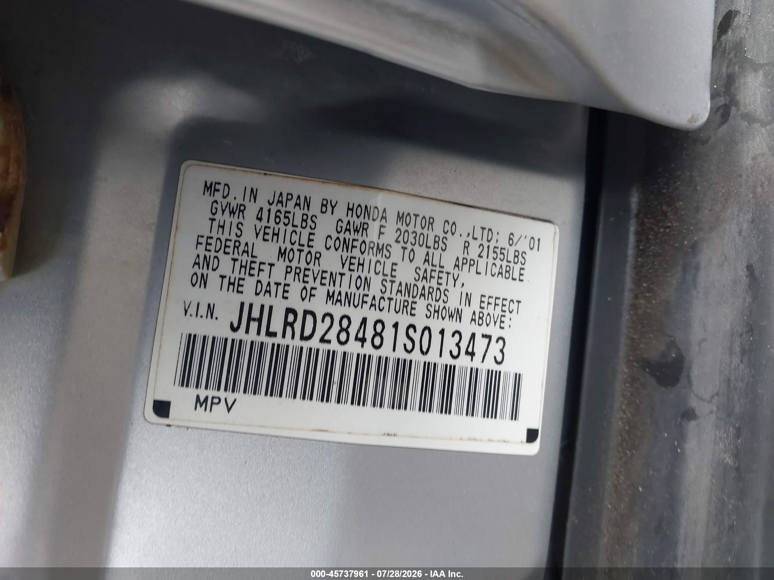 2001 Honda Cr-v Lx Silver vin: JHLRD28481S013473