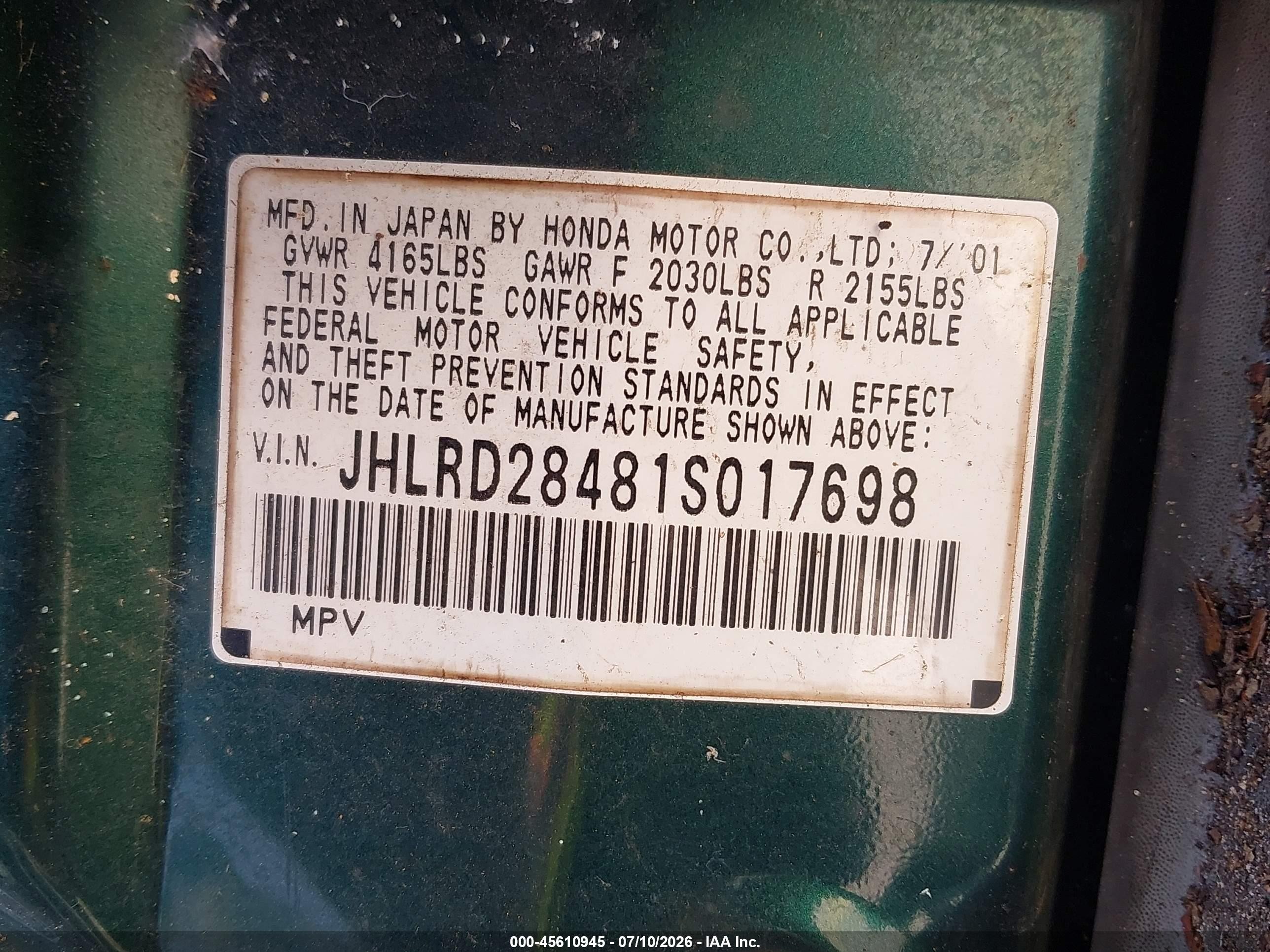 2001 Honda Cr-v Lx Green vin: JHLRD28481S017698