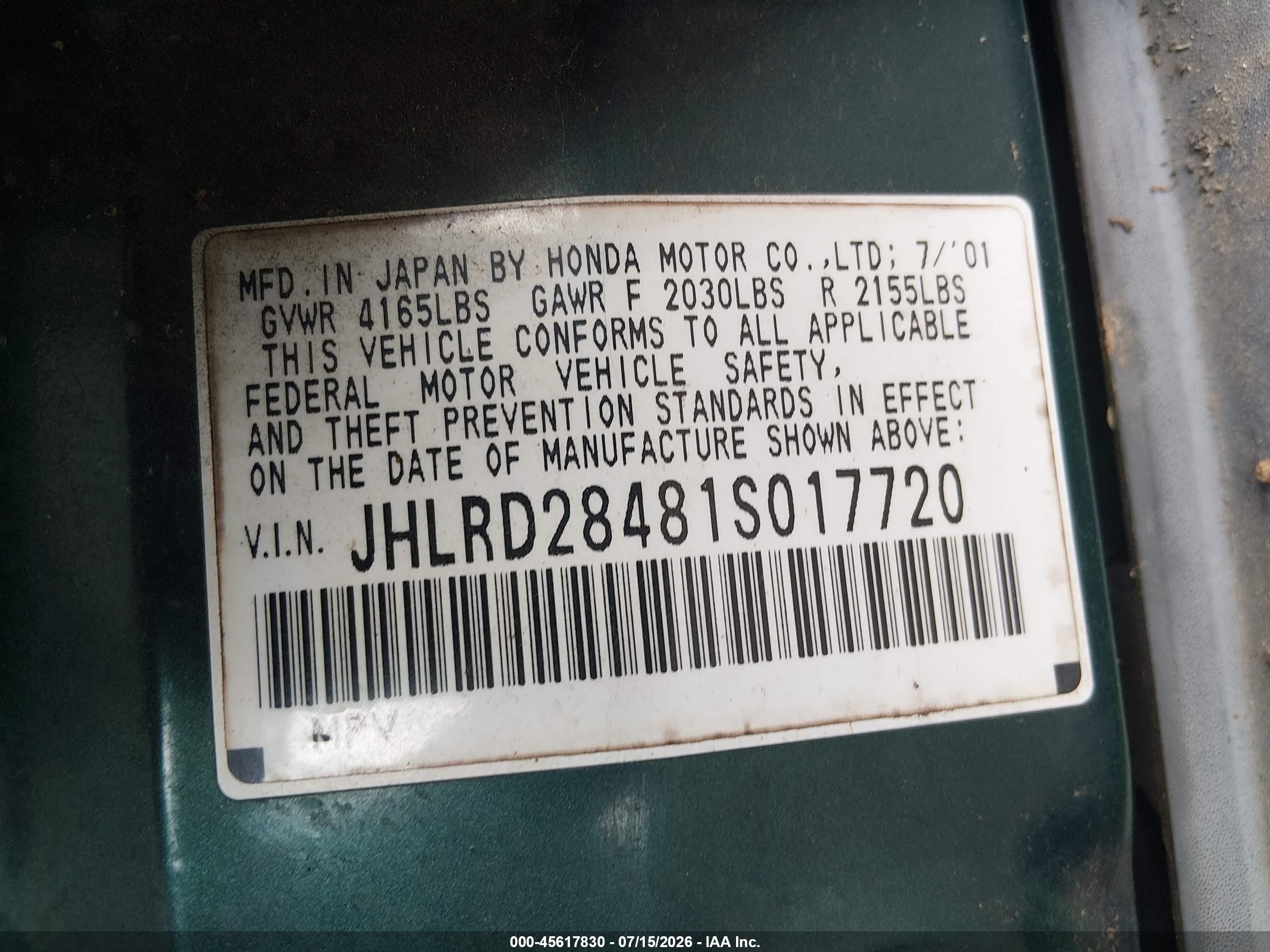 2001 Honda Cr-v Lx Зеленый vin: JHLRD28481S017720