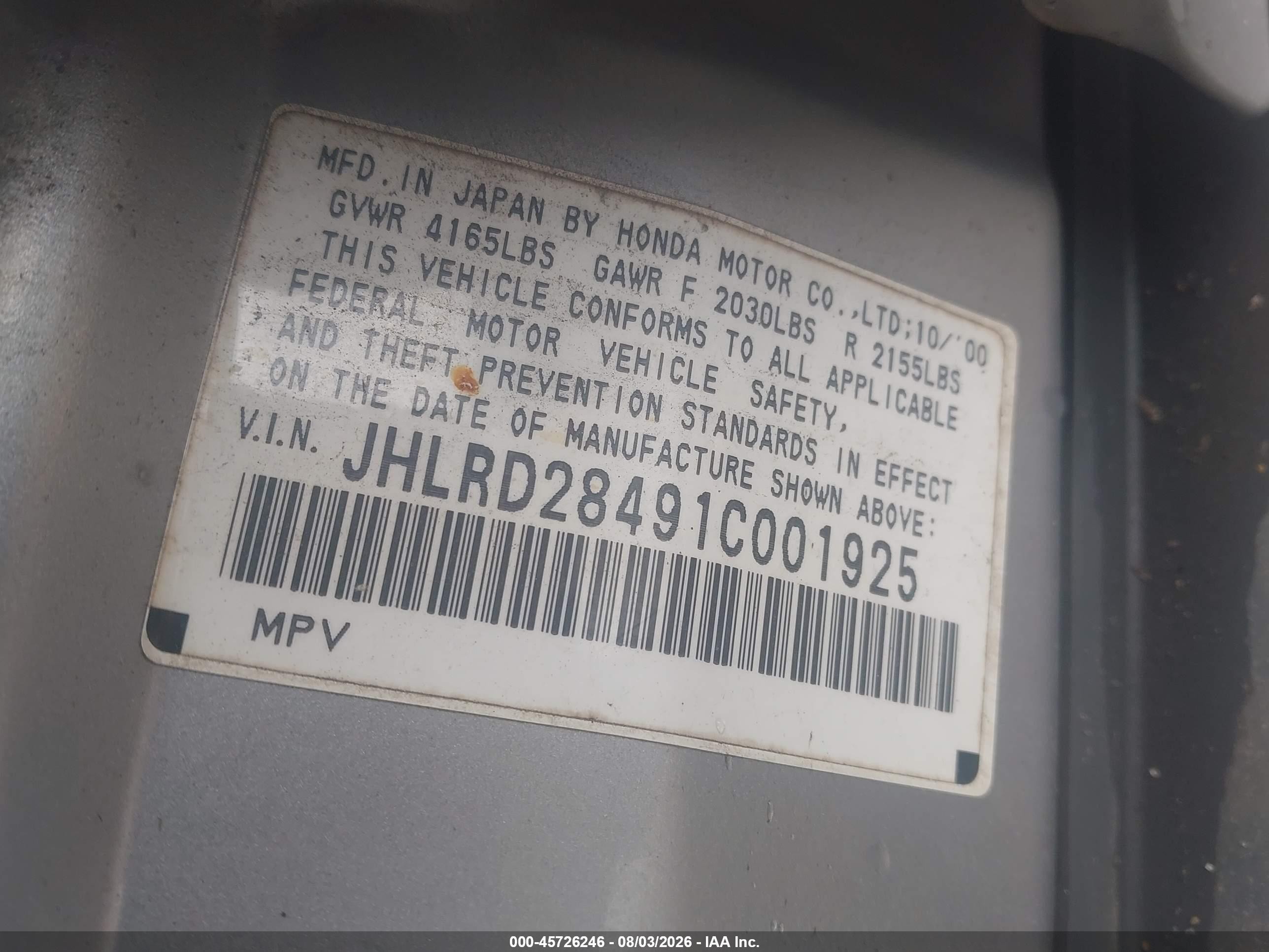 2001 Honda Cr-v Lx Gray vin: JHLRD28491C001925