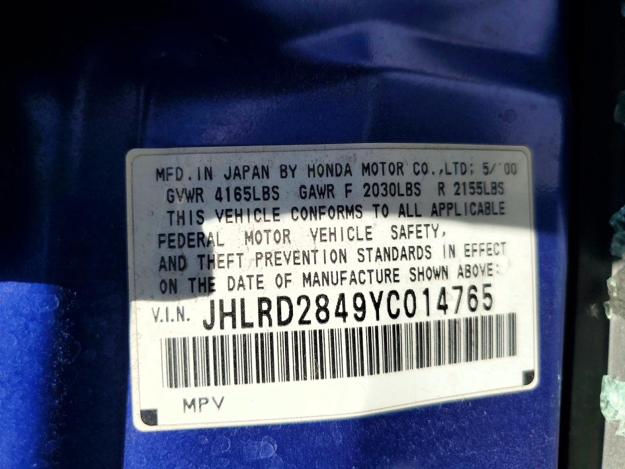 2000 Honda Cr-v Lx Blue vin: JHLRD2849YC014765
