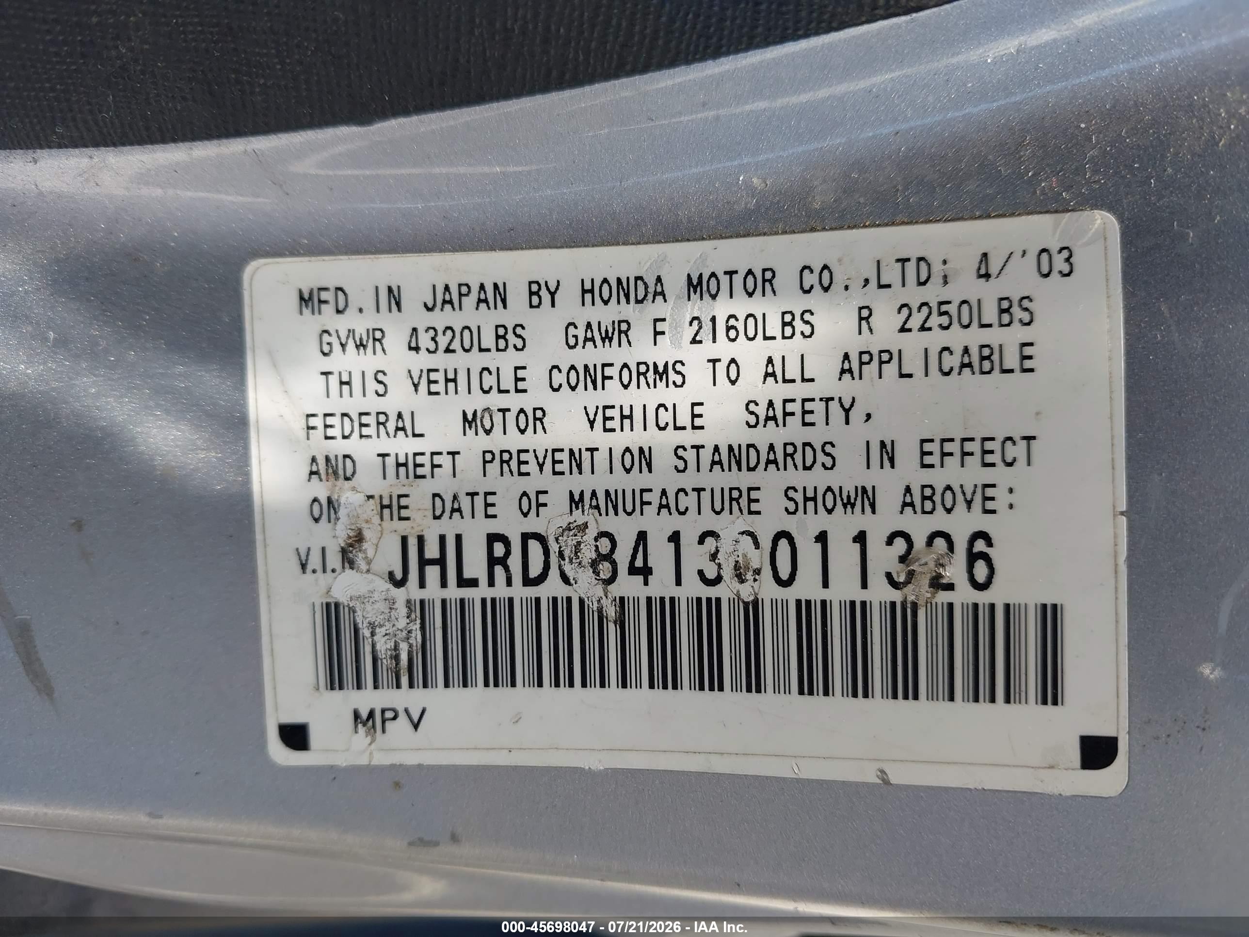 2003 Honda Cr-v Lx Silver vin: JHLRD68413C011326