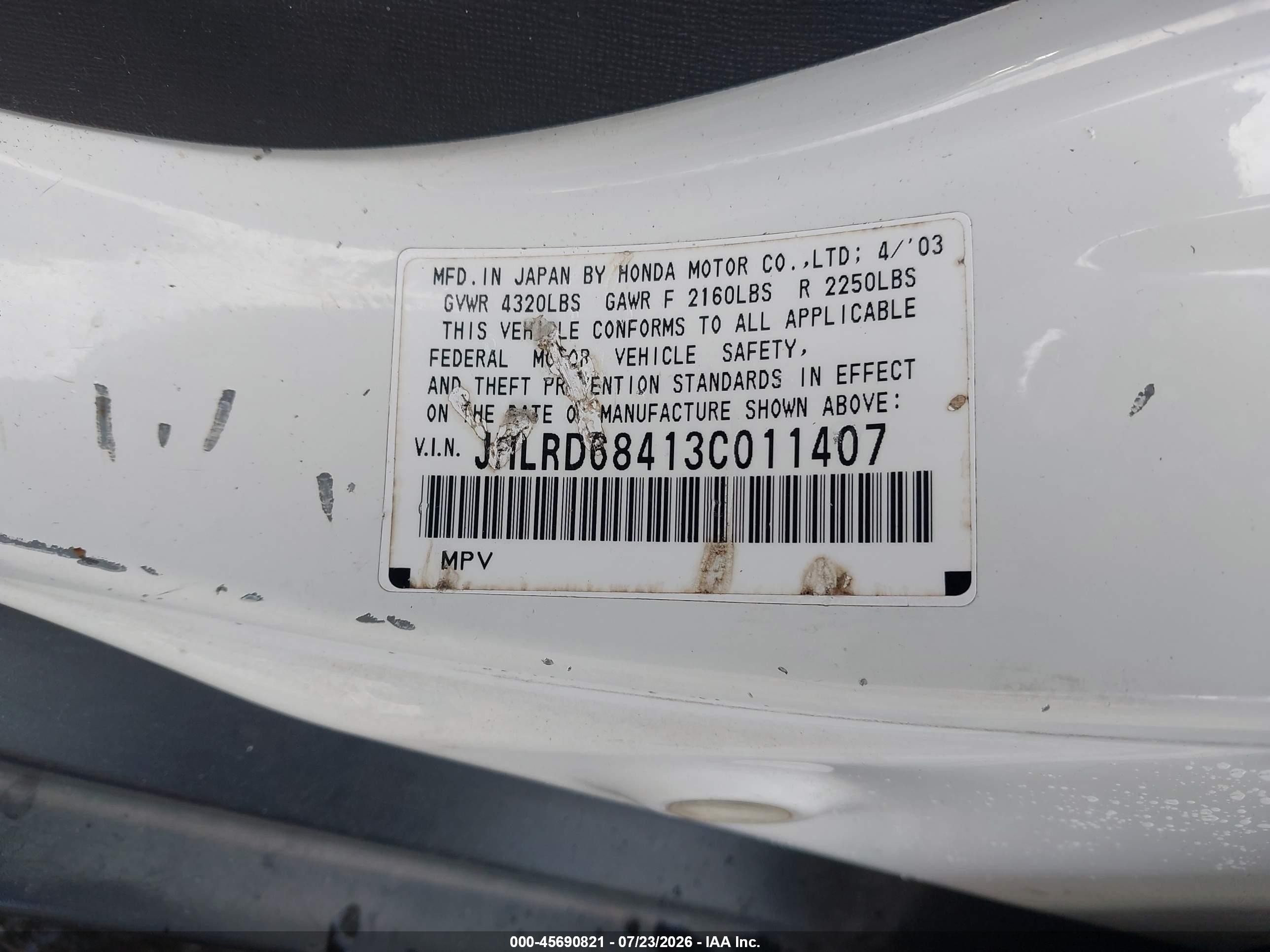2003 Honda Cr-v Lx White vin: JHLRD68413C011407