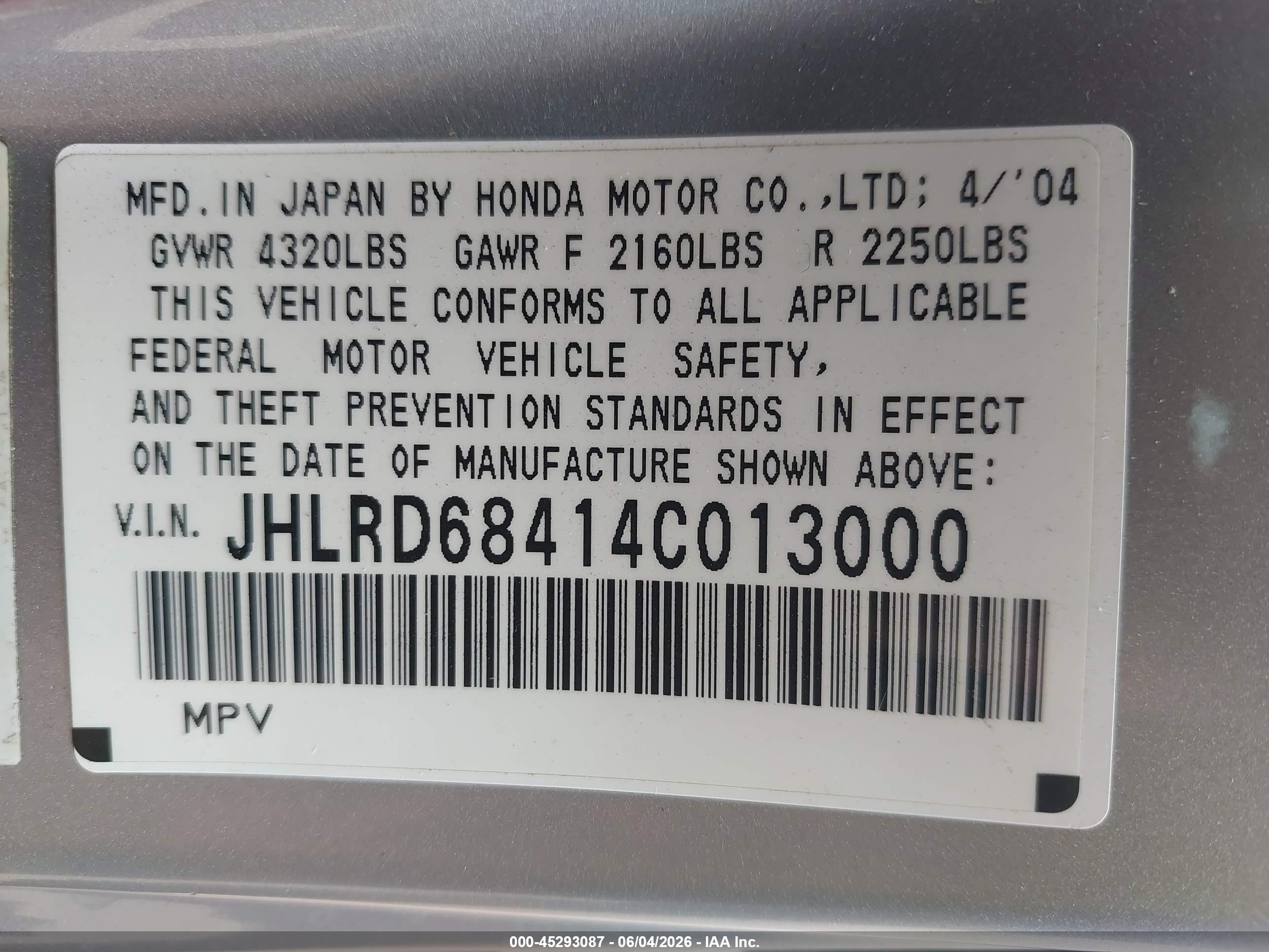 2004 Honda Cr-v Lx Silver vin: JHLRD68414C013000