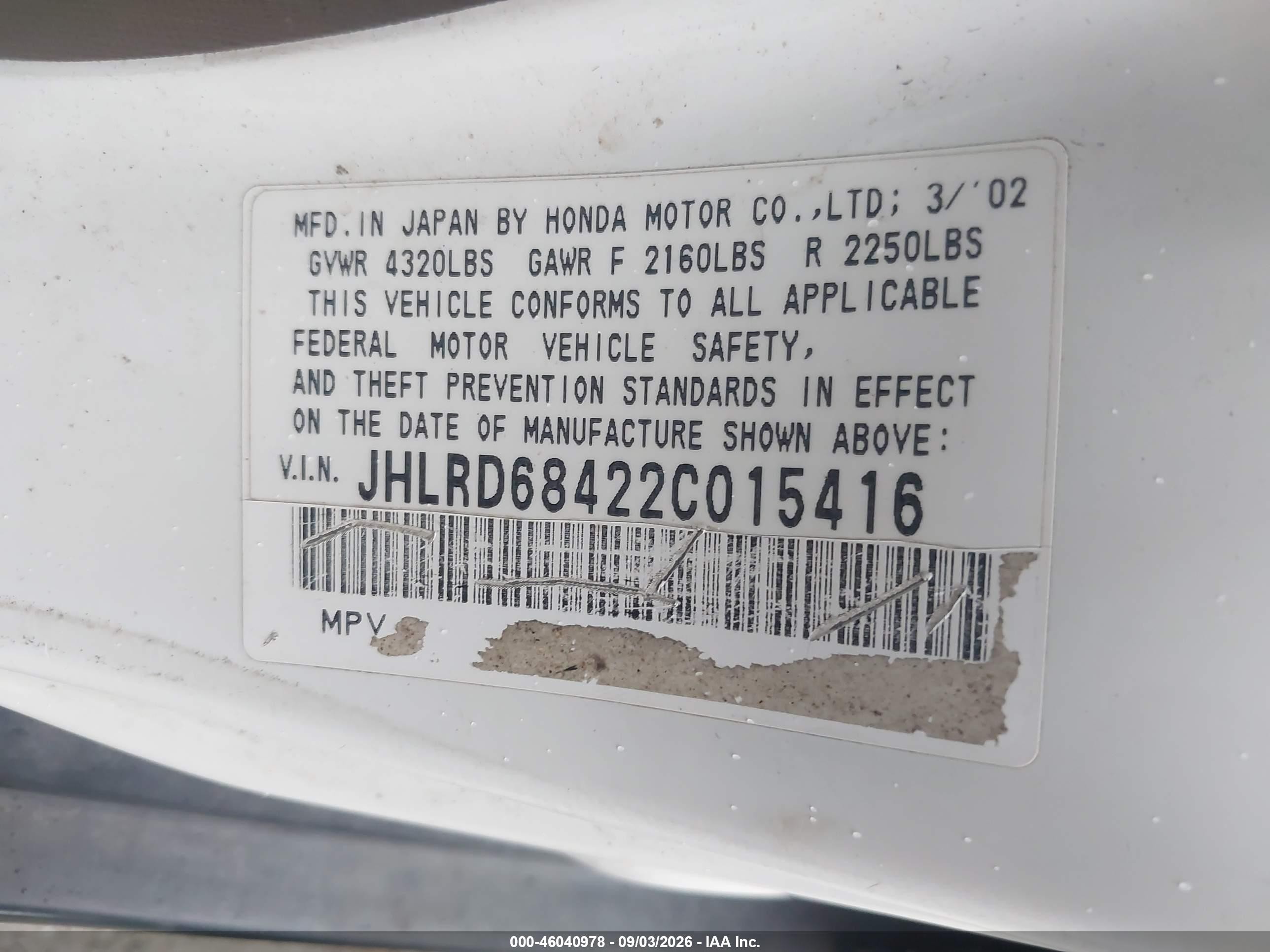 2002 Honda Cr-v Lx White vin: JHLRD68422C015416