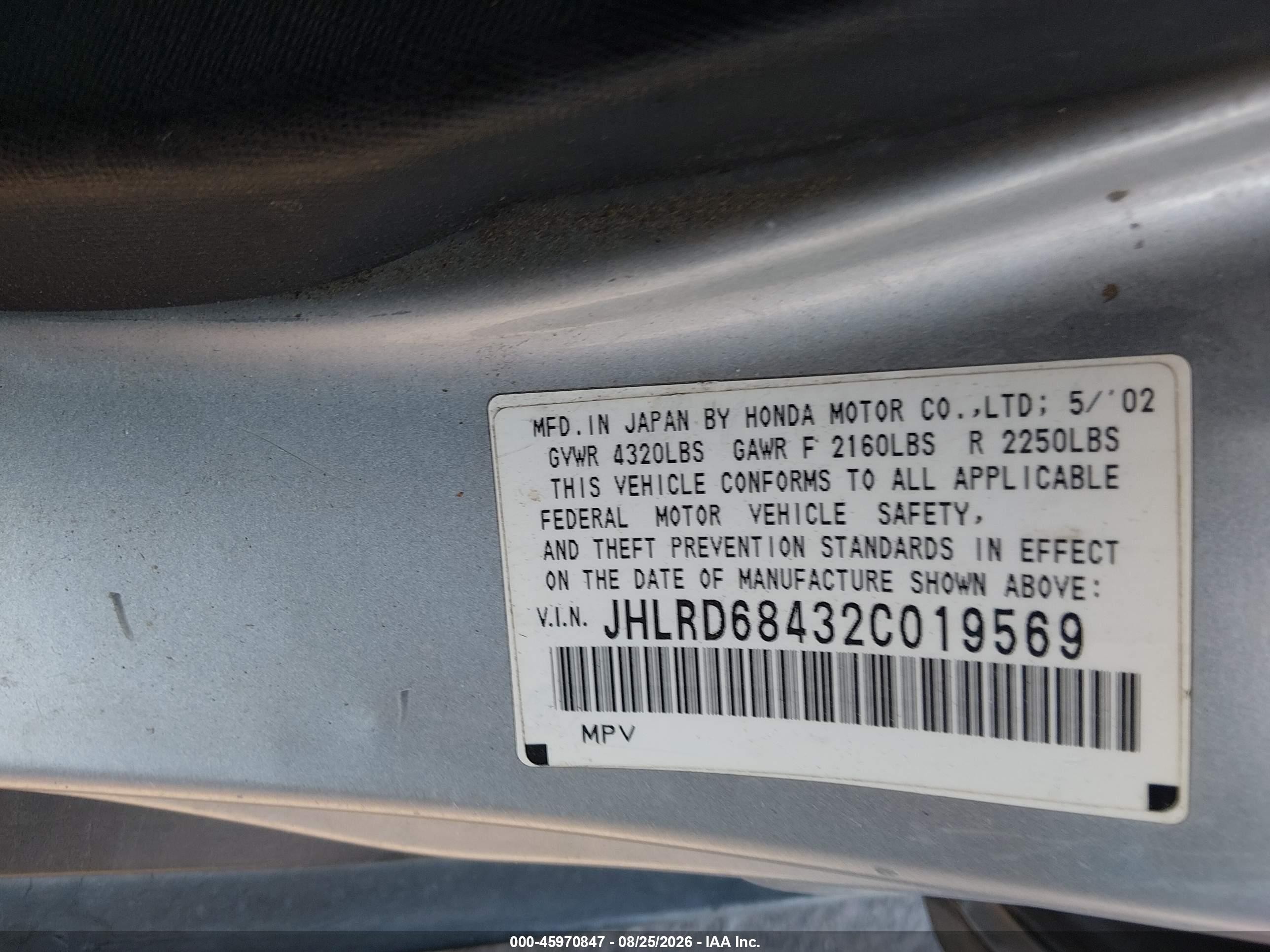 2002 Honda Cr-v Lx Серебряный vin: JHLRD68432C019569