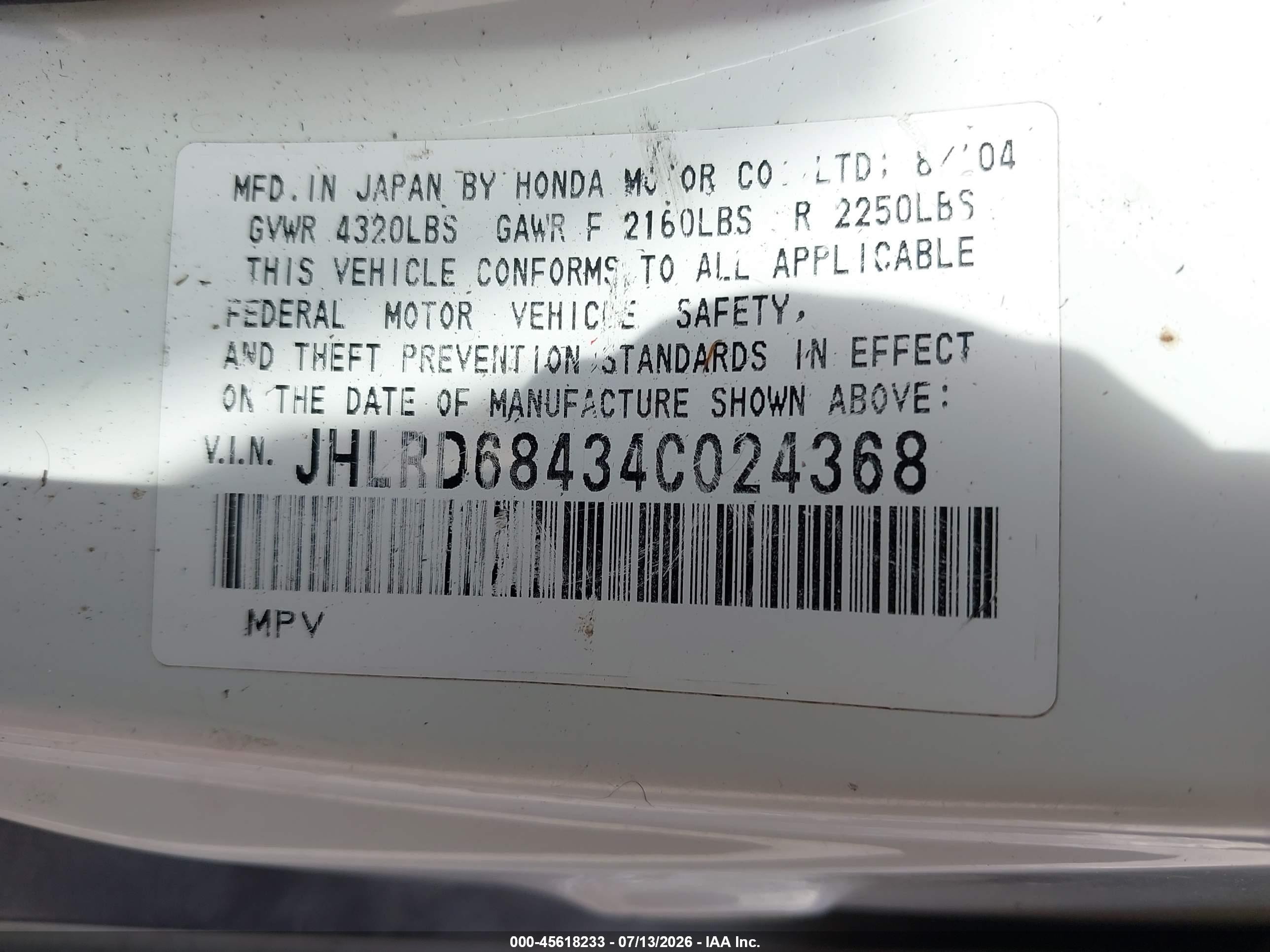2004 Honda Cr-v Lx White vin: JHLRD68434C024368