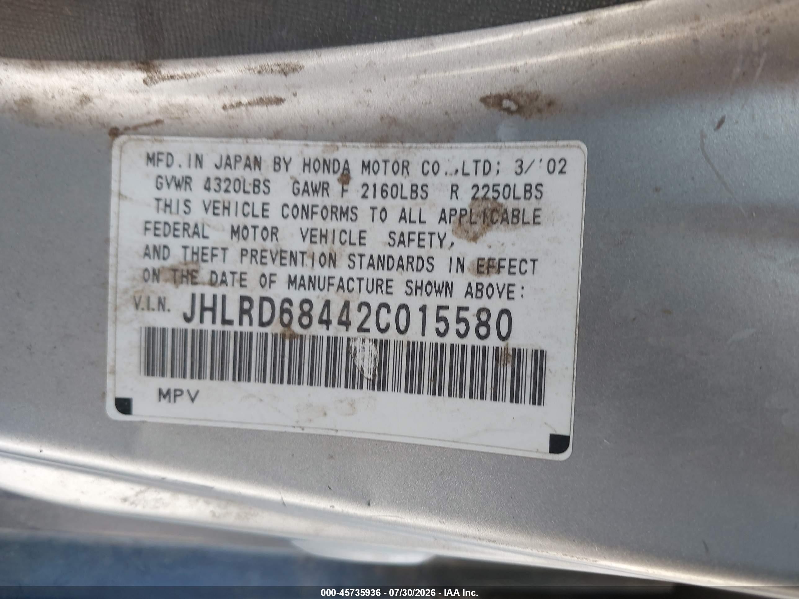 2002 Honda Cr-v Lx Silver vin: JHLRD68442C015580
