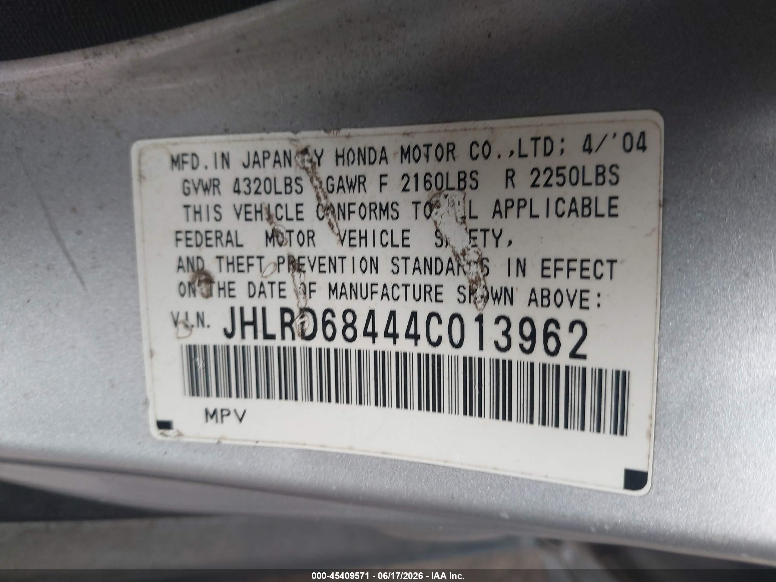 2004 Honda Cr-v Lx Silver vin: JHLRD68444C013962